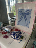 Load image into Gallery viewer, Blue Bow Needlepoint Canvas 13 Bow Zweigart Mono Deluxe Mesh Embroidery with finished Liberty of London fabric on the edges (Copy)