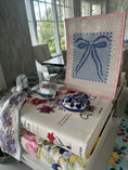 Load image into Gallery viewer, Blue Bow Needlepoint Canvas 13 Bow Zweigart Mono Deluxe Mesh Embroidery with finished Liberty of London fabric on the edges (Copy)