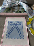 Load image into Gallery viewer, Blue Bow Needlepoint Canvas 13 Bow Zweigart Mono Deluxe Mesh Embroidery with finished Liberty of London fabric on the edges (Copy)