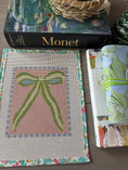 Load image into Gallery viewer, Green Peach Bow Needlepoint Canvas 13 Bow Zweigart Mono Deluxe Mesh Embroidery with finished Liberty of London fabric on the edges SALE