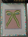 Load image into Gallery viewer, Green Peach Bow Needlepoint Canvas 13 Bow Zweigart Mono Deluxe Mesh Embroidery with finished Liberty of London fabric on the edges SALE