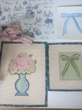 Load image into Gallery viewer, Mint Green and Pink Bow Needlepoint Canvas 13 Bow Zweigart Mono Deluxe Mesh Embroidery with finished Liberty of London fabric on the edges