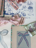 Load image into Gallery viewer, Blue and Pink Bow Needlepoint Canvas 13 Bow Zweigart Mono Deluxe Mesh Embroidery with finished Liberty of London fabric on the edges