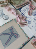 Load image into Gallery viewer, Blue and Pink Bow Needlepoint Canvas 13 Bow Zweigart Mono Deluxe Mesh Embroidery with finished Liberty of London fabric on the edges