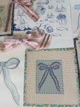 Load image into Gallery viewer, Blue and Pink Bow Needlepoint Canvas 13 Bow Zweigart Mono Deluxe Mesh Embroidery with finished Liberty of London fabric on the edges
