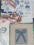 Load image into Gallery viewer, Blue and Pink Bow Needlepoint Canvas 13 Bow Zweigart Mono Deluxe Mesh Embroidery with finished Liberty of London fabric on the edges