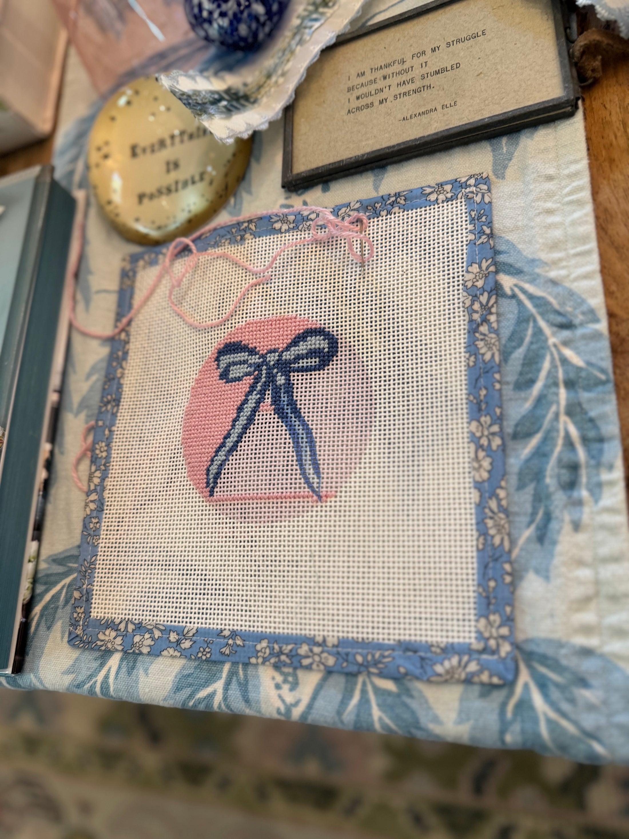 Bow Needlepoint Canvas 13 Count Beginner Ornament: Coastal Preppy Project, 4" Round