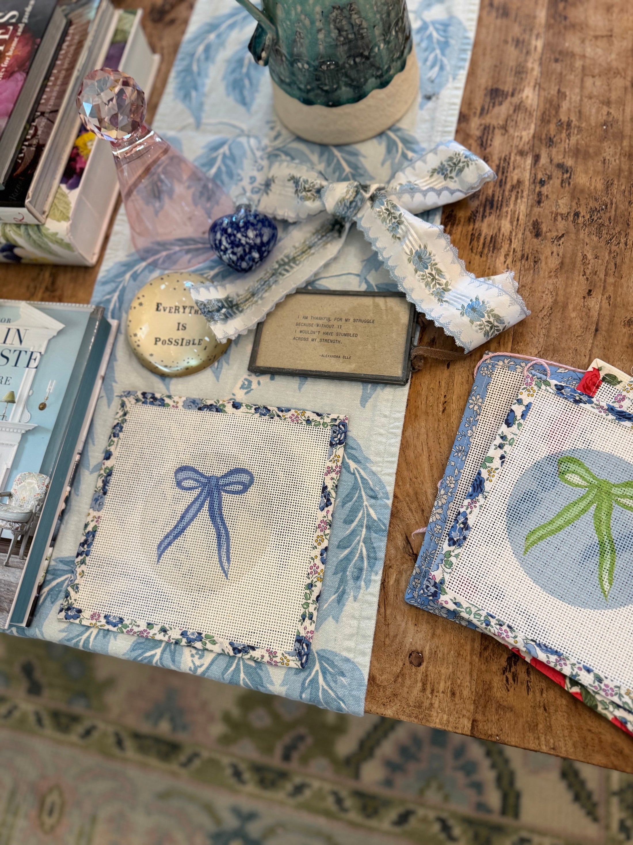 Bow Needlepoint Canvas 13 Count Beginner Ornament: Coastal Preppy Project, 4" Round