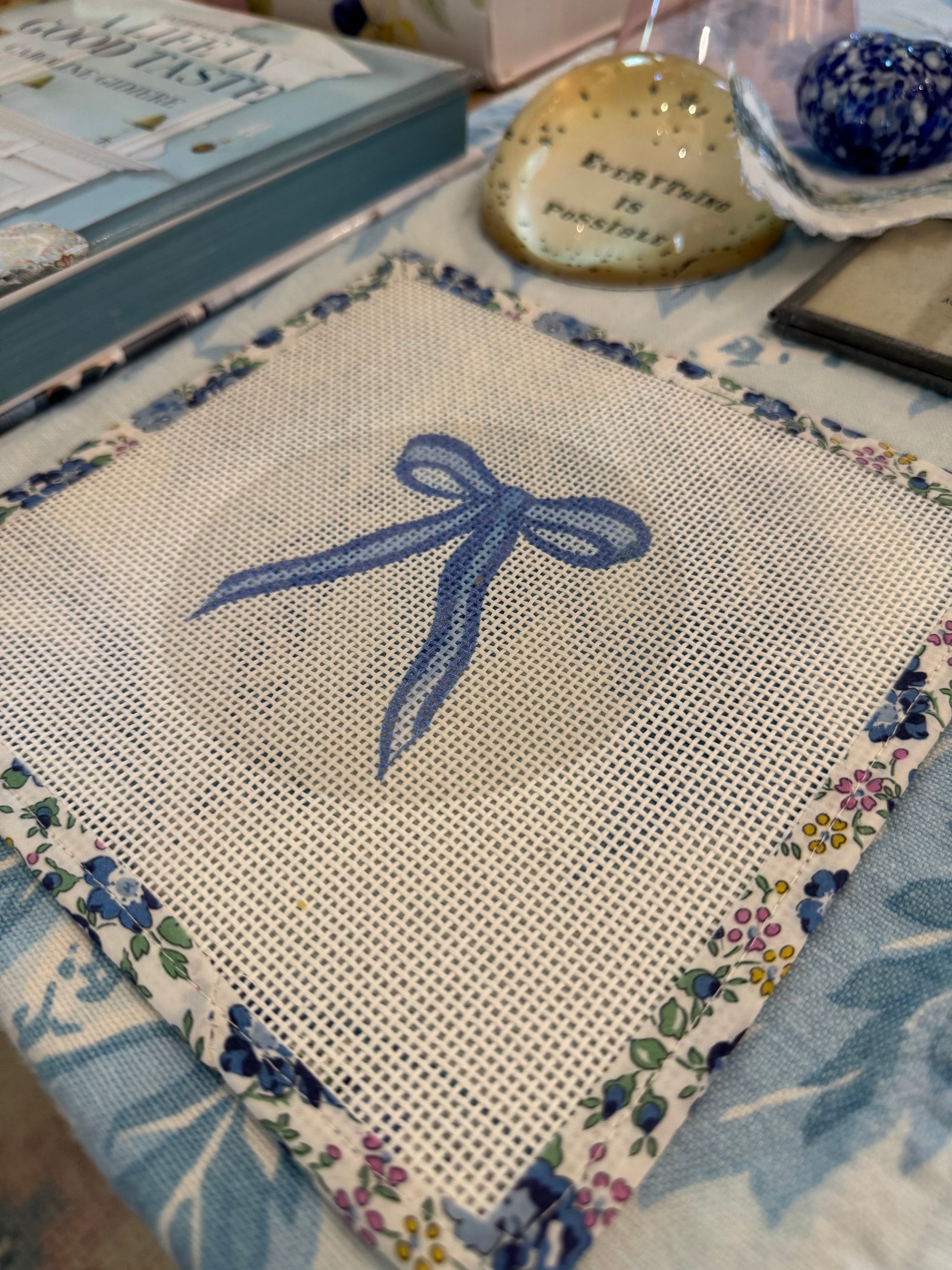 Bow Needlepoint Canvas 13 Count Beginner Ornament: Coastal Preppy Project, 4" Round