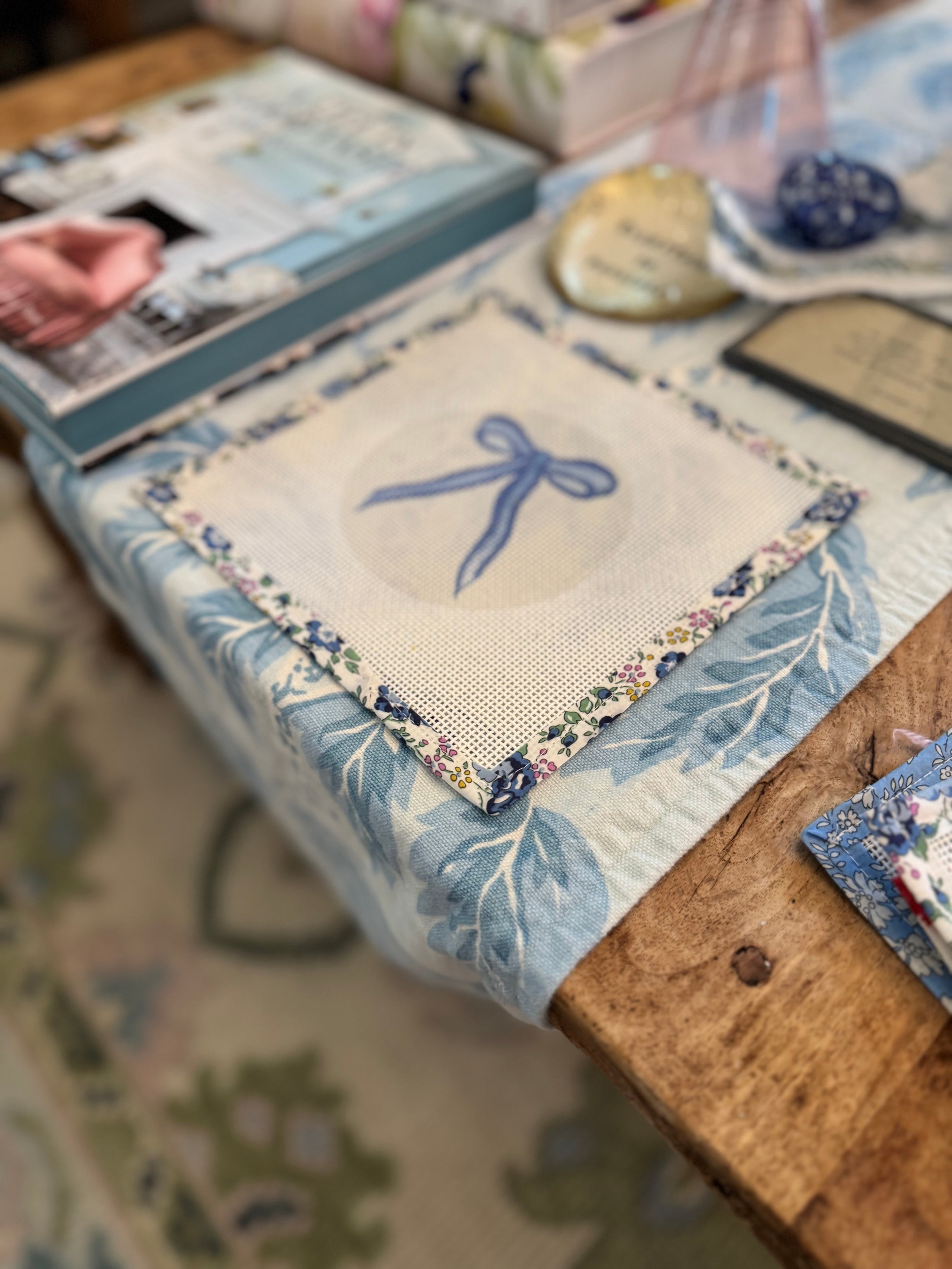 Bow Needlepoint Canvas 13 Count Beginner Ornament: Coastal Preppy Project, 4" Round