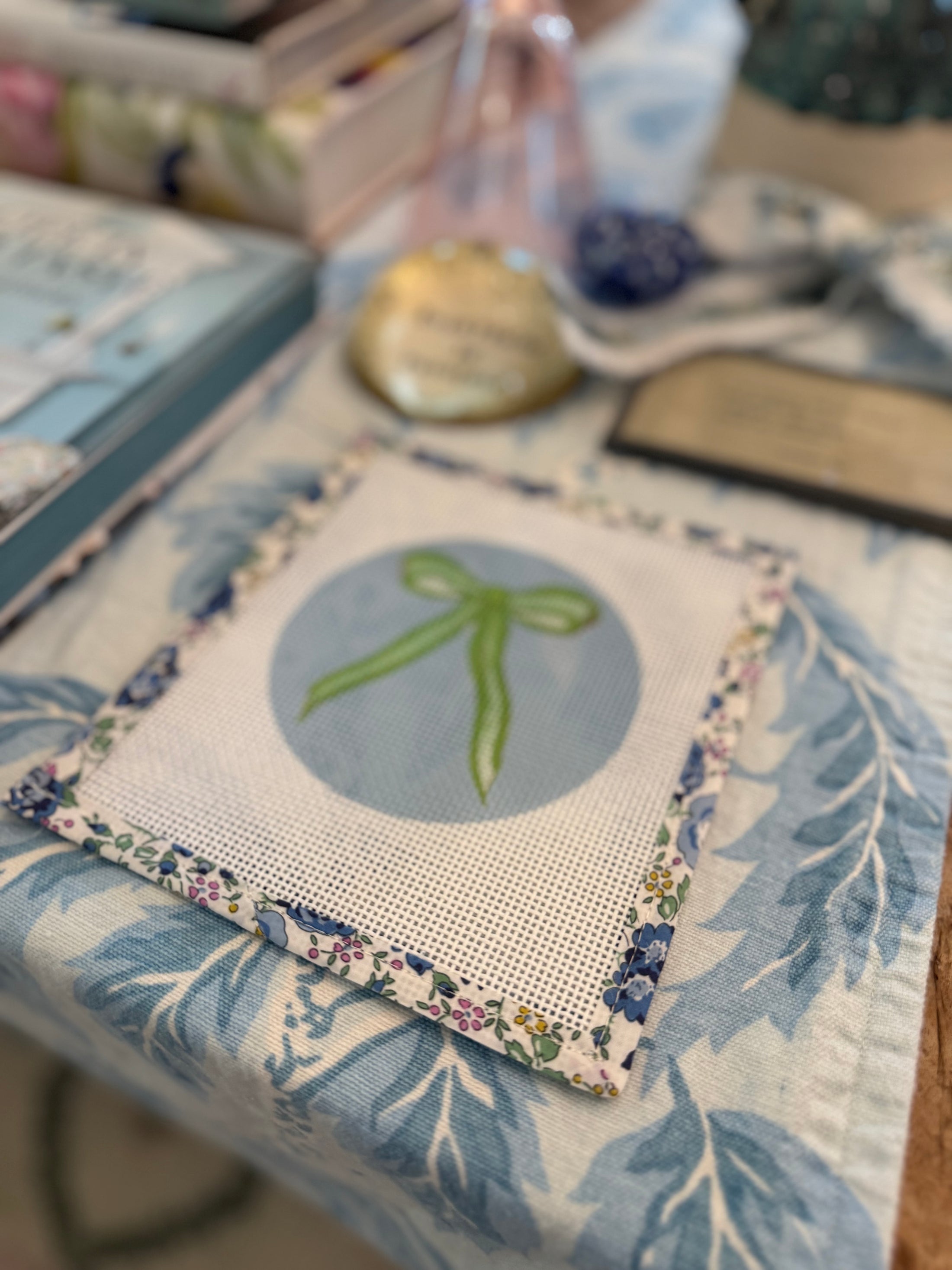 Bow Needlepoint Canvas 13 Count Beginner Ornament: Coastal Preppy Project, 4" Round