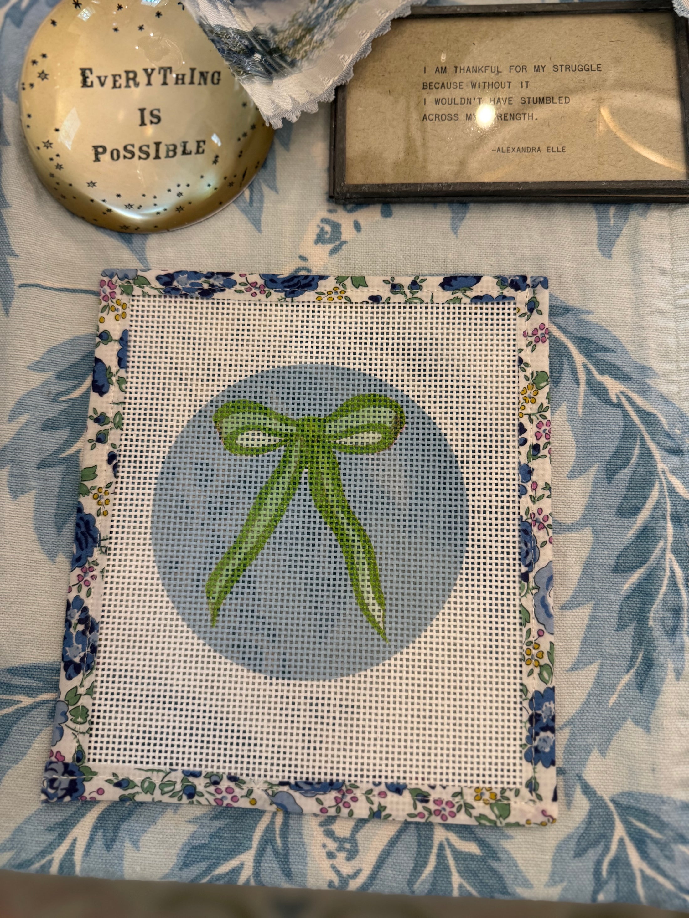 Bow Needlepoint Canvas 13 Count Beginner Ornament: Coastal Preppy Project, 4" Round