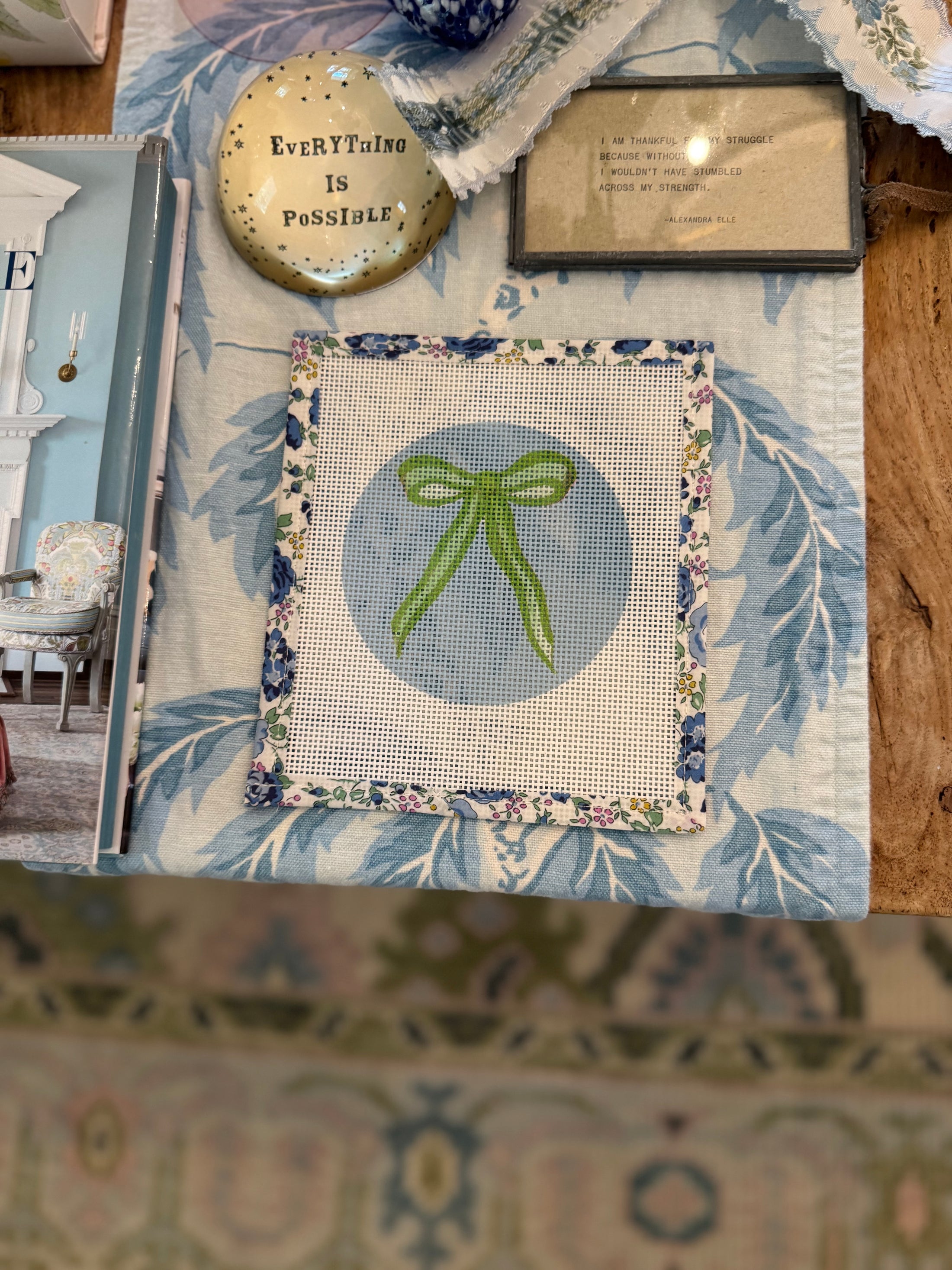 Bow Needlepoint Canvas 13 Count Beginner Ornament: Coastal Preppy Project, 4" Round