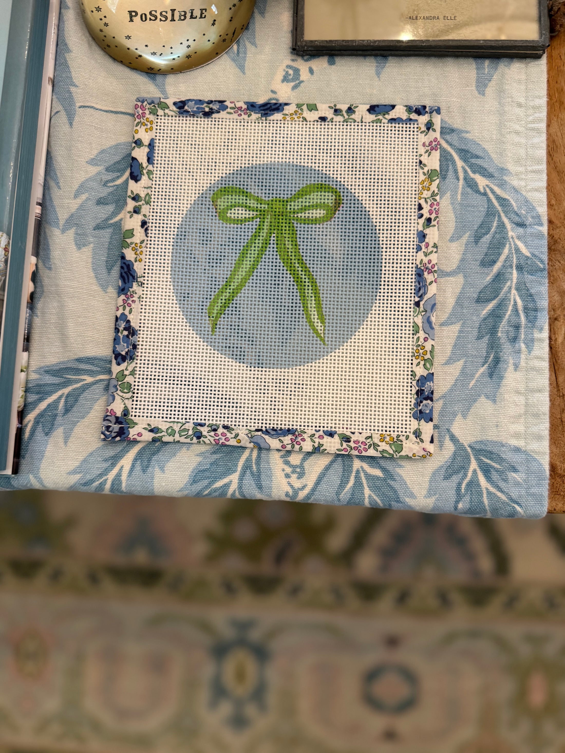 Bow Needlepoint Canvas 13 Count Beginner Ornament: Coastal Preppy Project, 4" Round