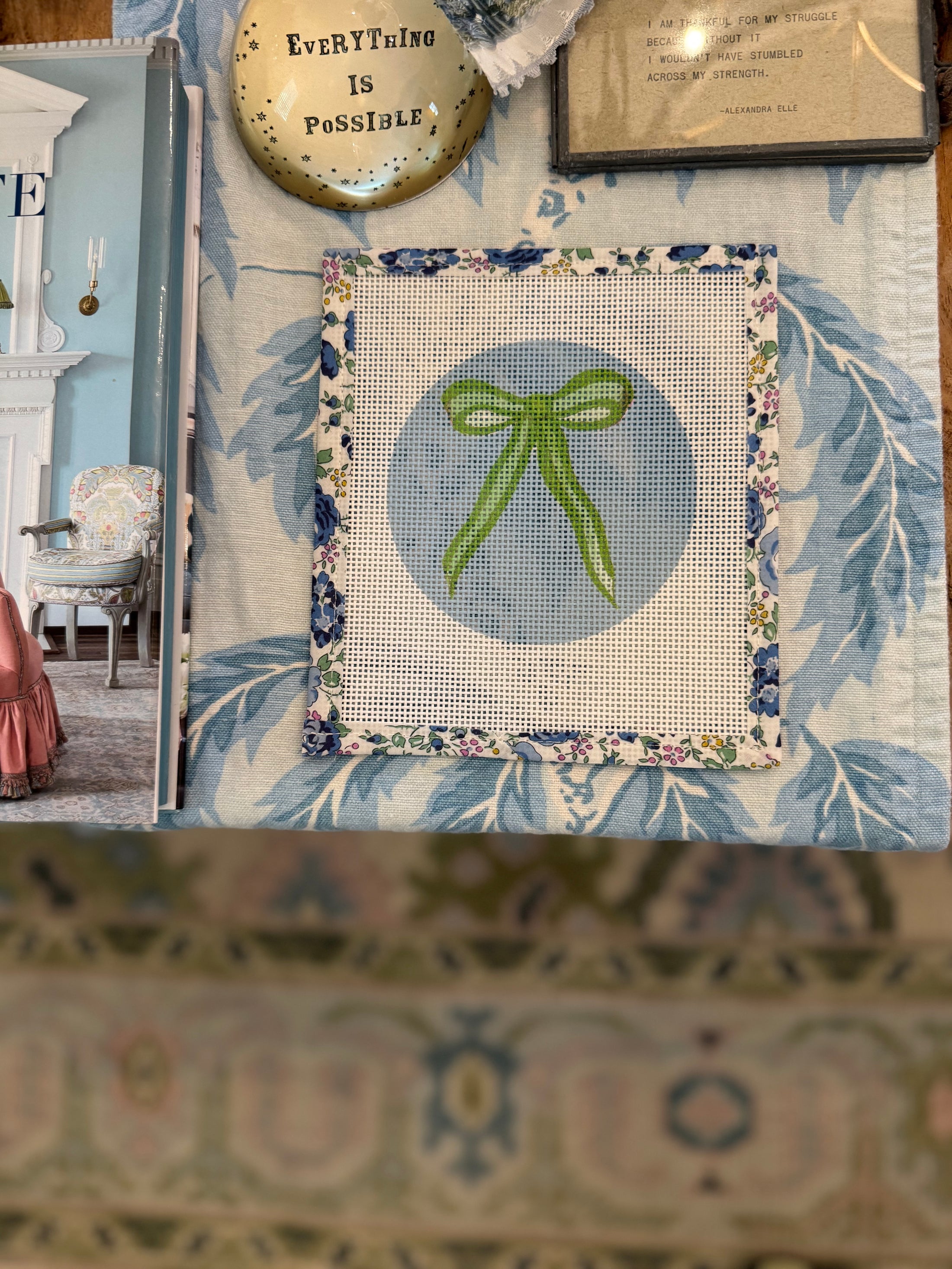 Bow Needlepoint Canvas 13 Count Beginner Ornament: Coastal Preppy Project, 4" Round
