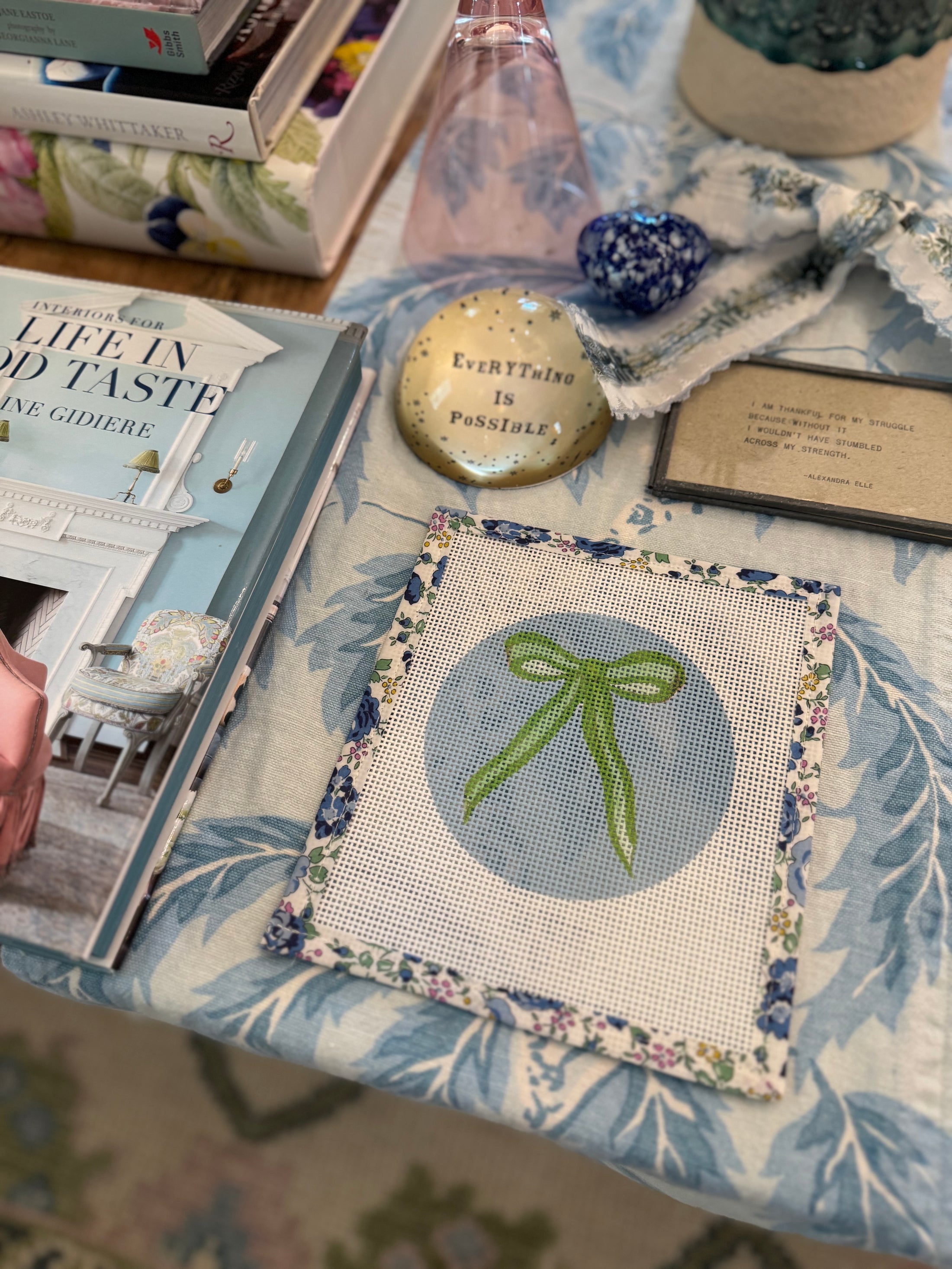 Bow Needlepoint Canvas 13 Count Beginner Ornament: Coastal Preppy Project, 4" Round
