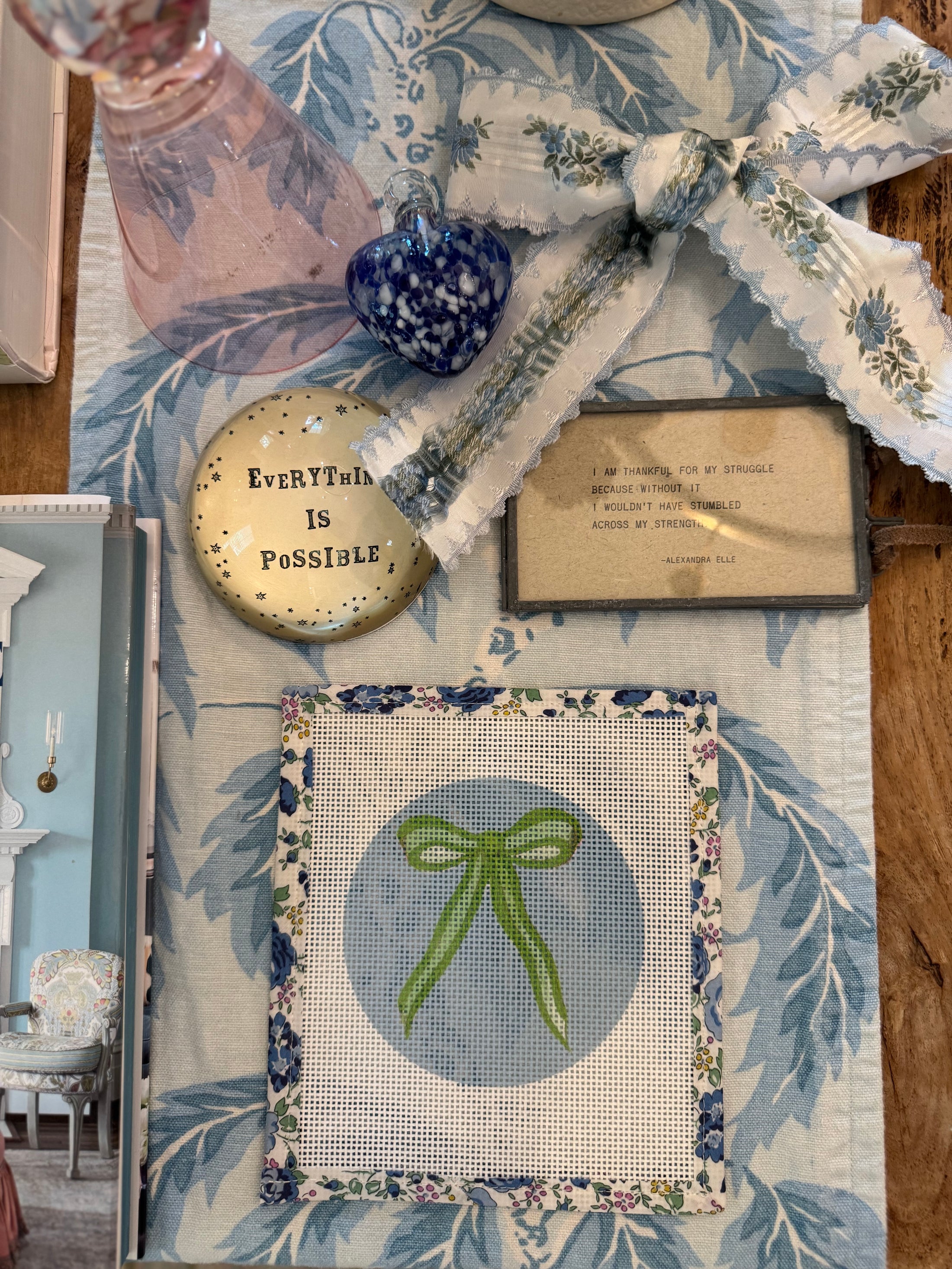 Bow Needlepoint Canvas 13 Count Beginner Ornament: Coastal Preppy Project, 4" Round