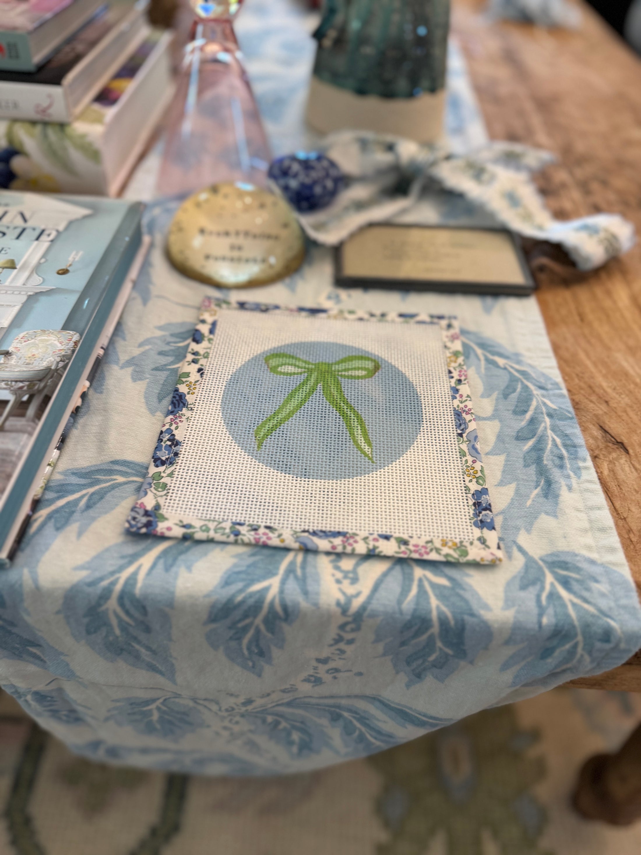Bow Needlepoint Canvas 13 Count Beginner Ornament: Coastal Preppy Project, 4" Round