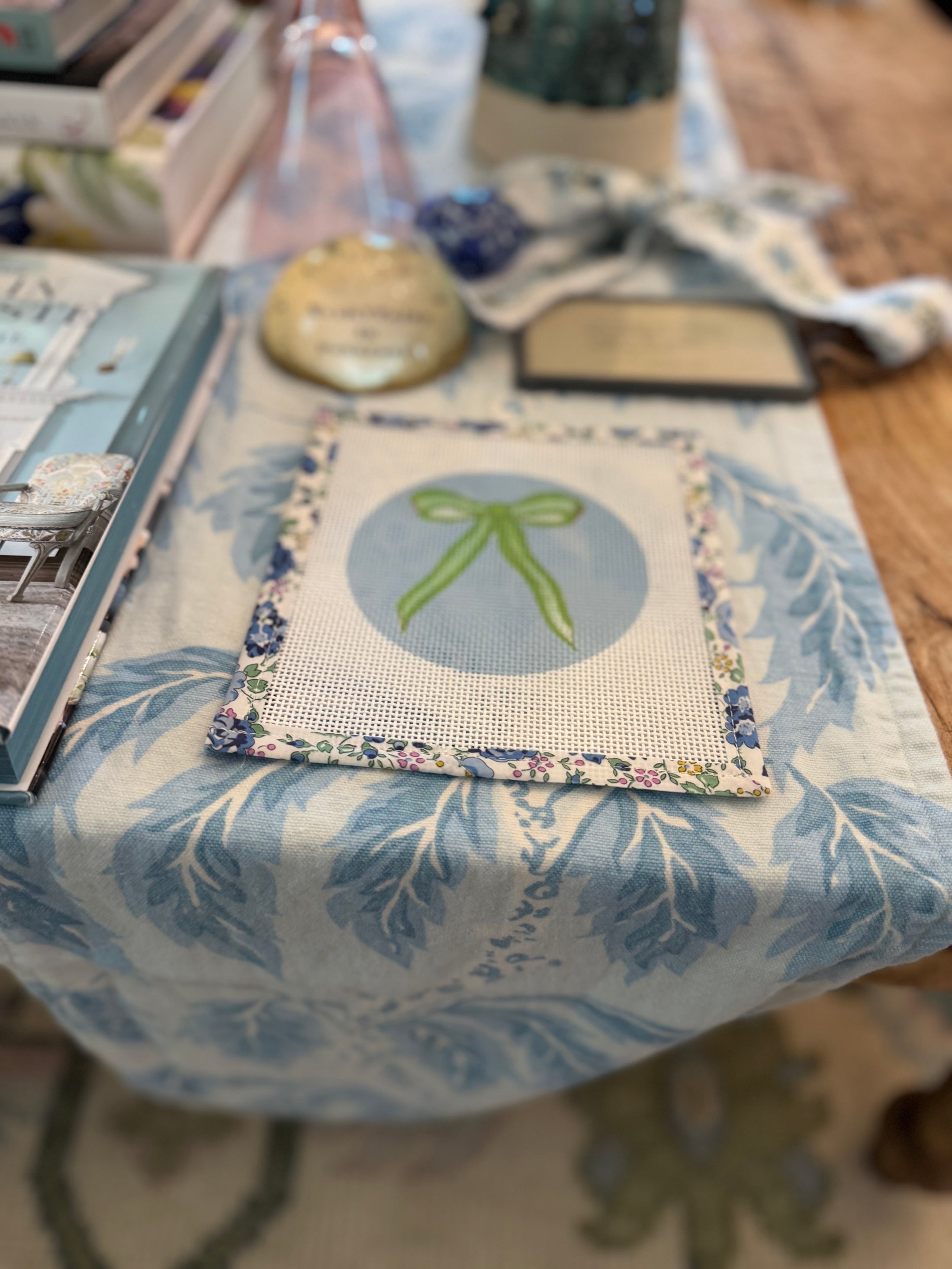 Bow Needlepoint Canvas 13 Count Beginner Ornament: Coastal Preppy Project, 4" Round