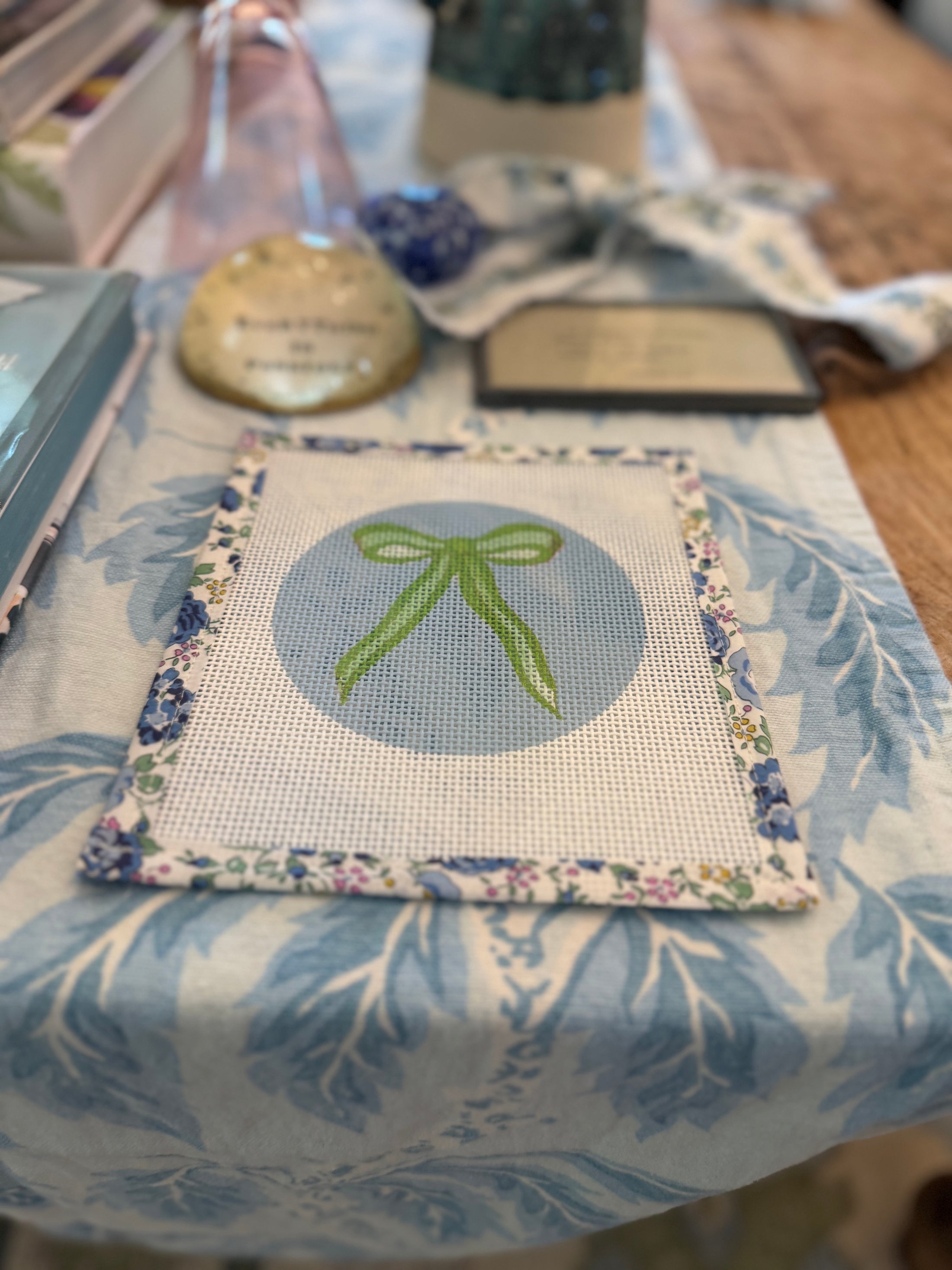 Bow Needlepoint Canvas 13 Count Beginner Ornament: Coastal Preppy Project, 4" Round