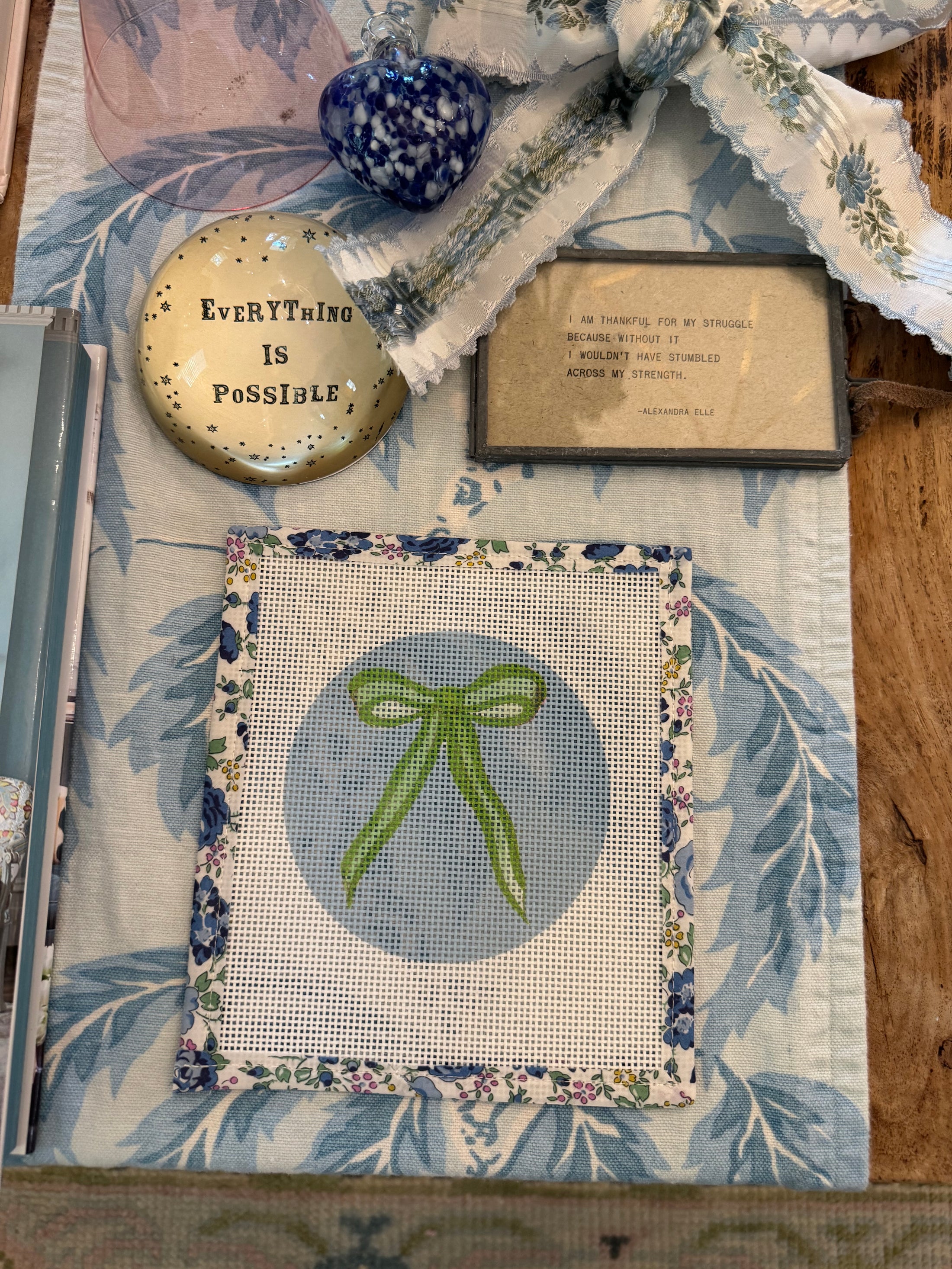 Bow Needlepoint Canvas 13 Count Beginner Ornament: Coastal Preppy Project, 4" Round