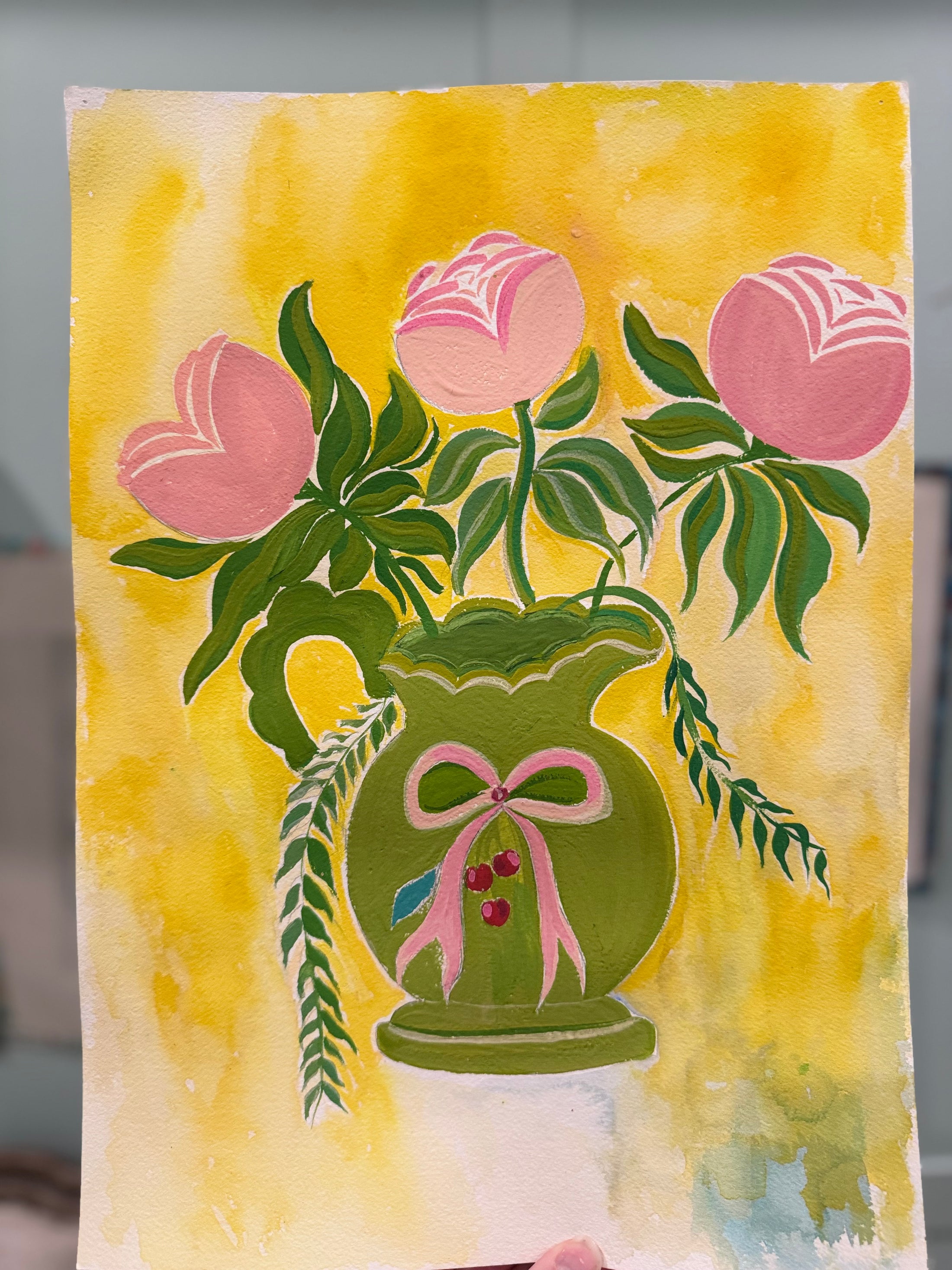 Vintage Folk Art Pink Roses and Green Vase Print