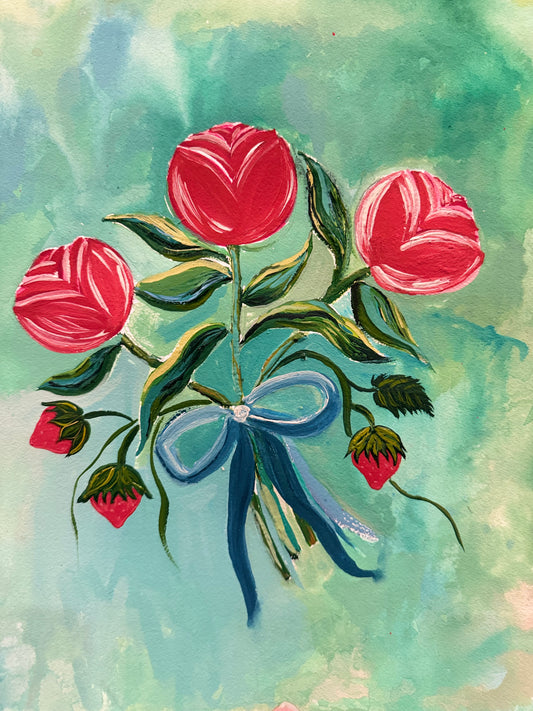 Vintage Folk Art Lyrical Strawberies and Red Roses Print