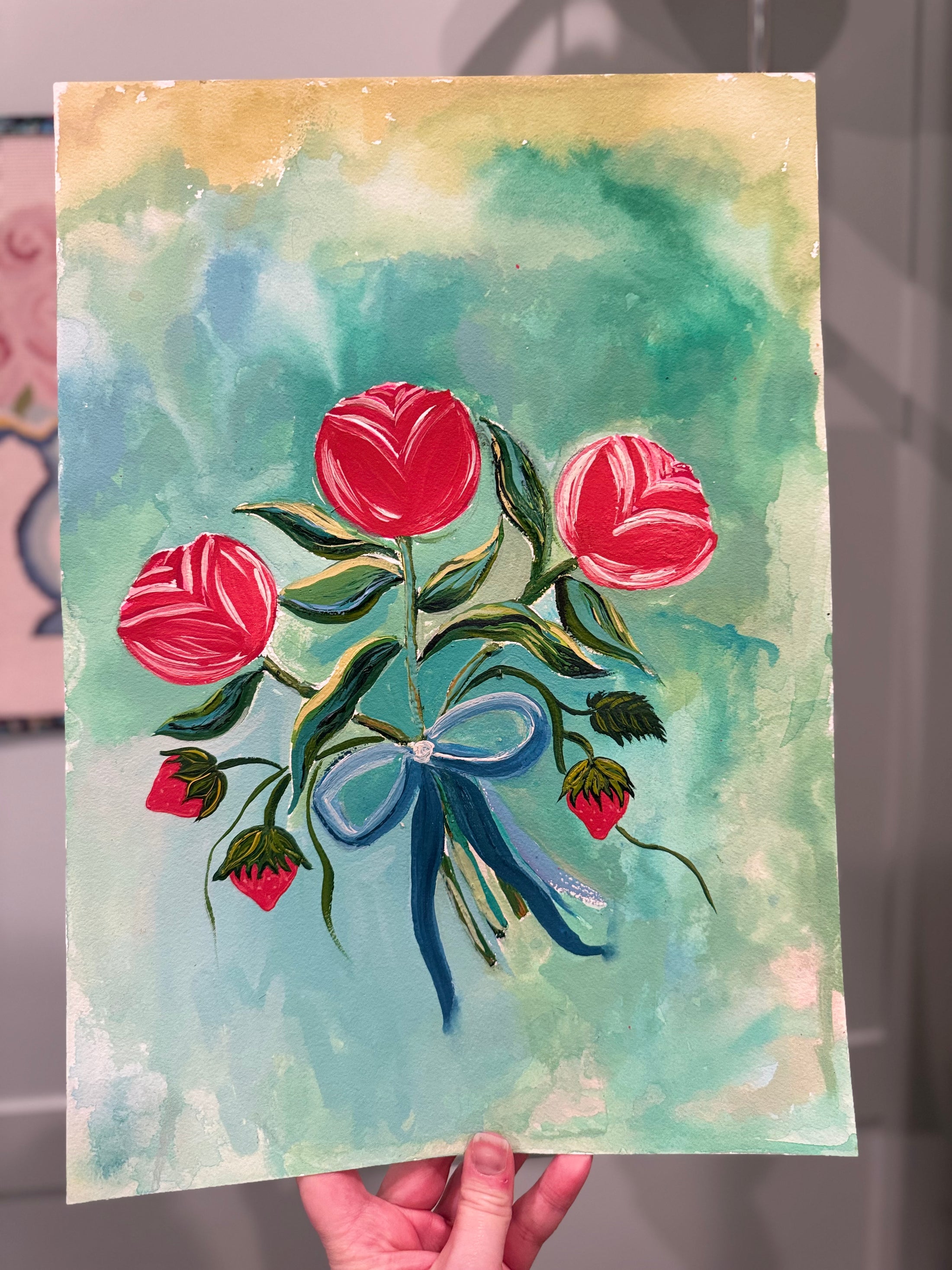 Vintage Folk Art Lyrical Strawberies and Red Roses Print