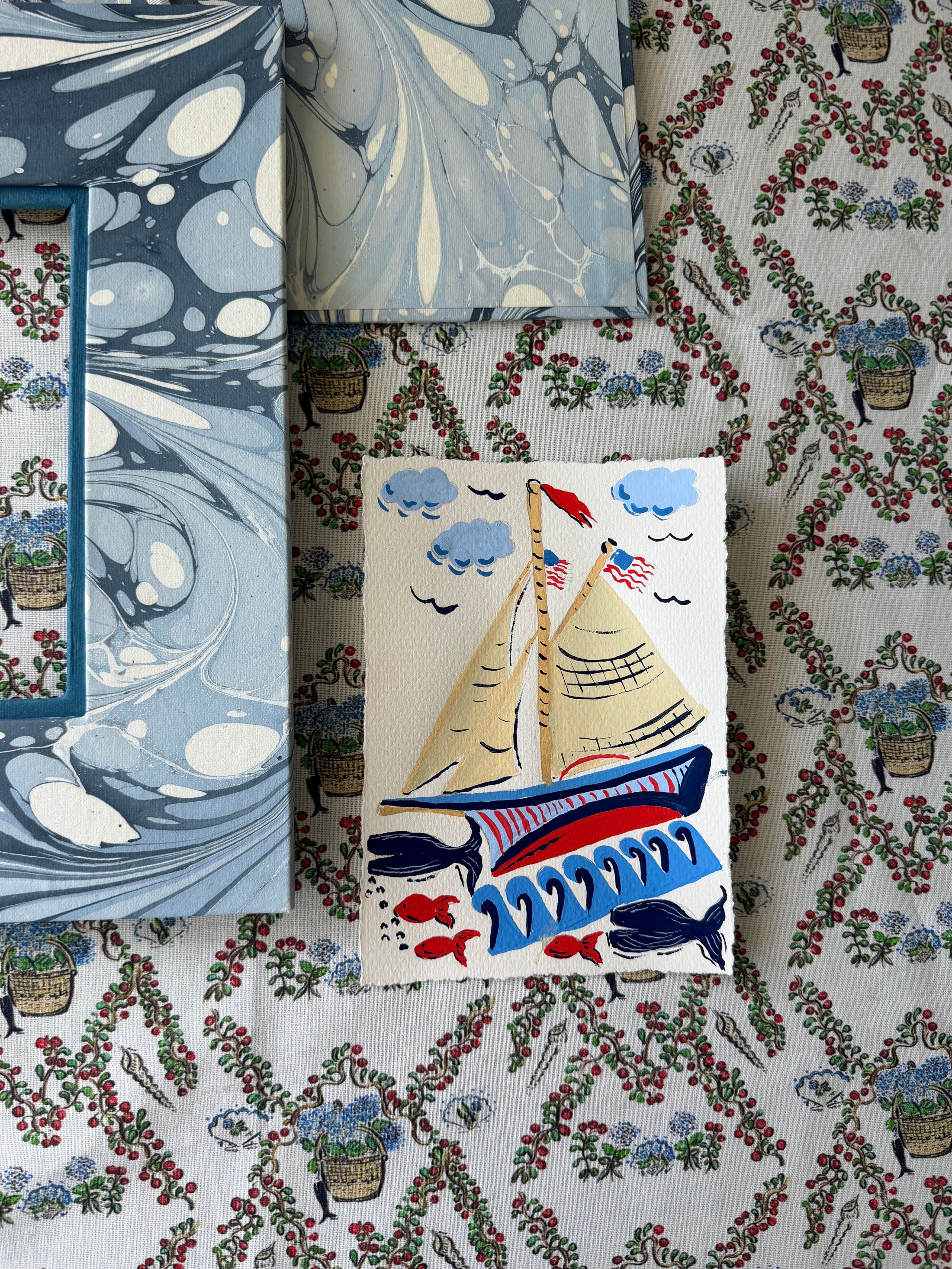 Original Sailboat with Fish and Whales East Coast Artwork