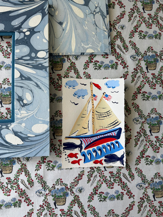 Original Sailboat with Fish and Whales East Coast Artwork