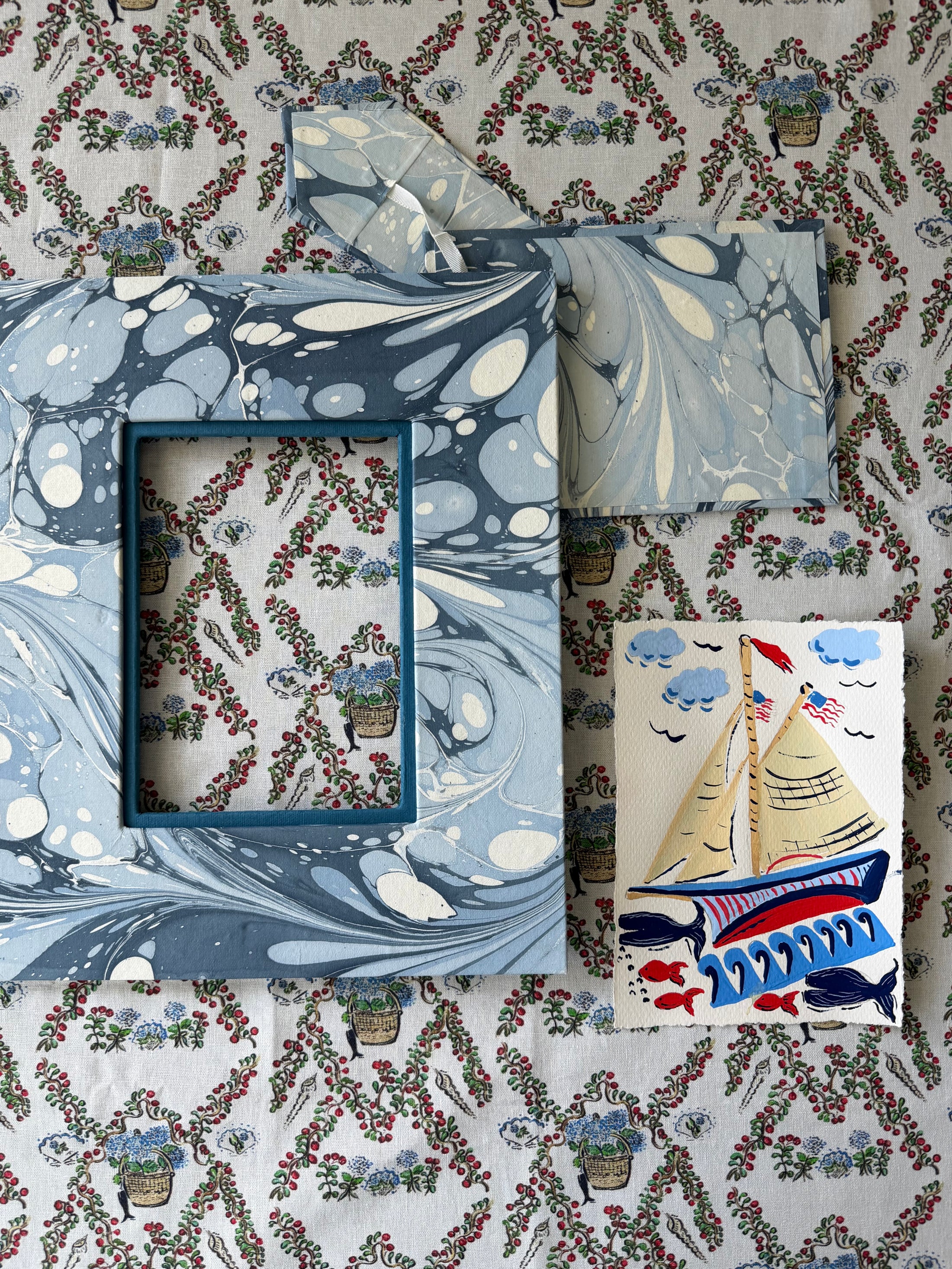 Original Sailboat with Fish and Whales East Coast Artwork