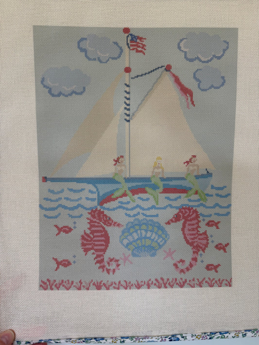 NEW Coastal Sailboat Mermaids Needlepoint Canvas