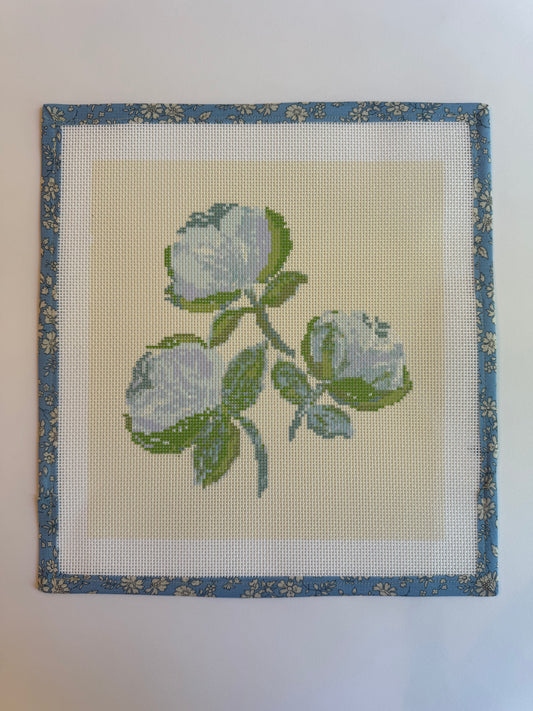 Needlepoint Canvas on 13 Bowood Roses  Zweigart Mono Deluxe Mesh Embroidery with finished Liberty of London fabric on the edges