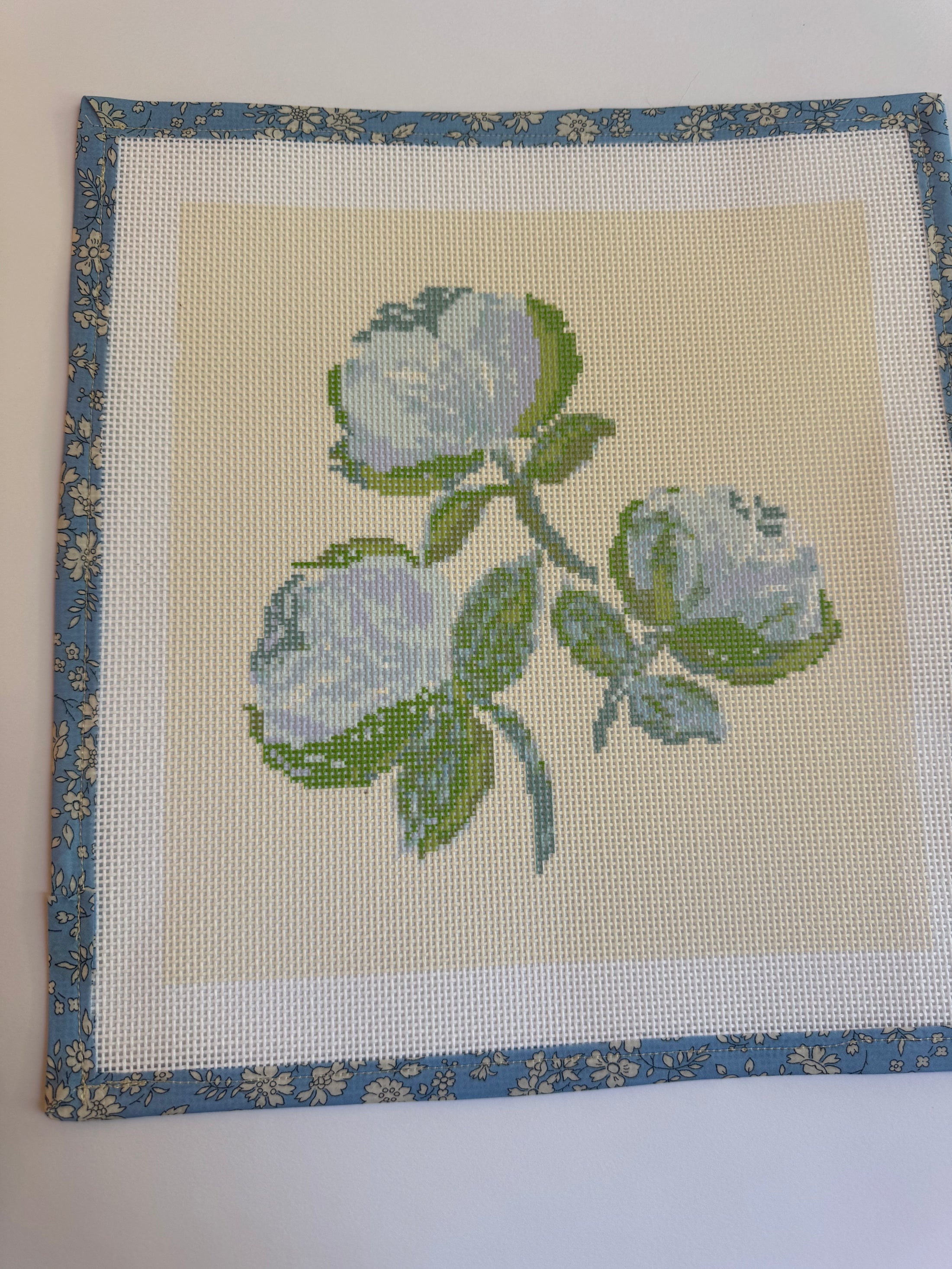 Needlepoint Canvas on 13 Bowood Roses  Zweigart Mono Deluxe Mesh Embroidery with finished Liberty of London fabric on the edges