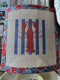 Load image into Gallery viewer, Needlepoint Canvas on 13 Lobster Striped East Coast Zweigart Mono Deluxe Mesh Embroidery with finished Liberty of London fabric on the edges

