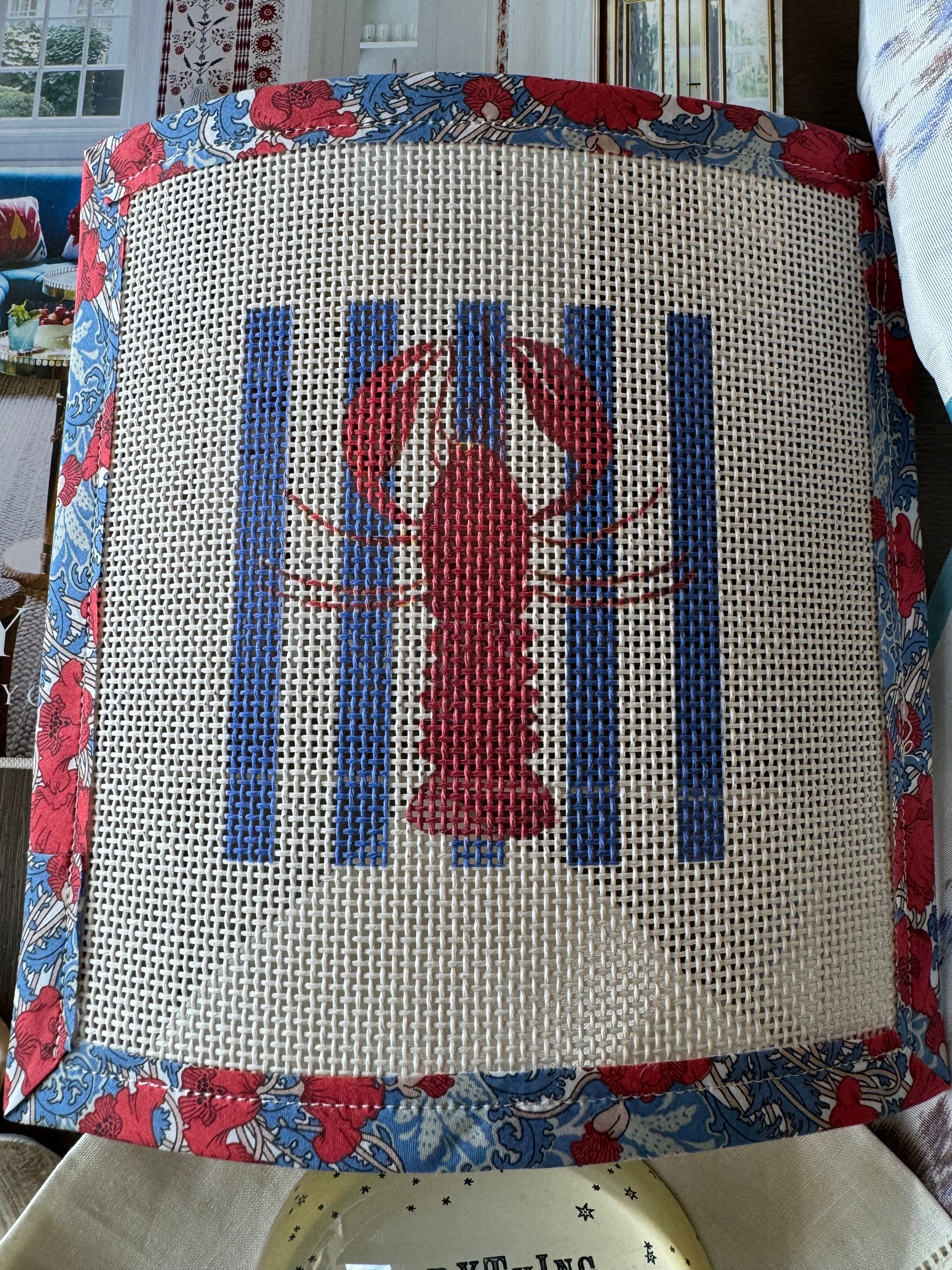 Needlepoint Canvas on 13 Lobster Striped East Coast Zweigart Mono Deluxe Mesh Embroidery with finished Liberty of London fabric on the edges