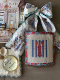 Load image into Gallery viewer, Needlepoint Canvas on 13 Lobster Striped East Coast Zweigart Mono Deluxe Mesh Embroidery with finished Liberty of London fabric on the edges
