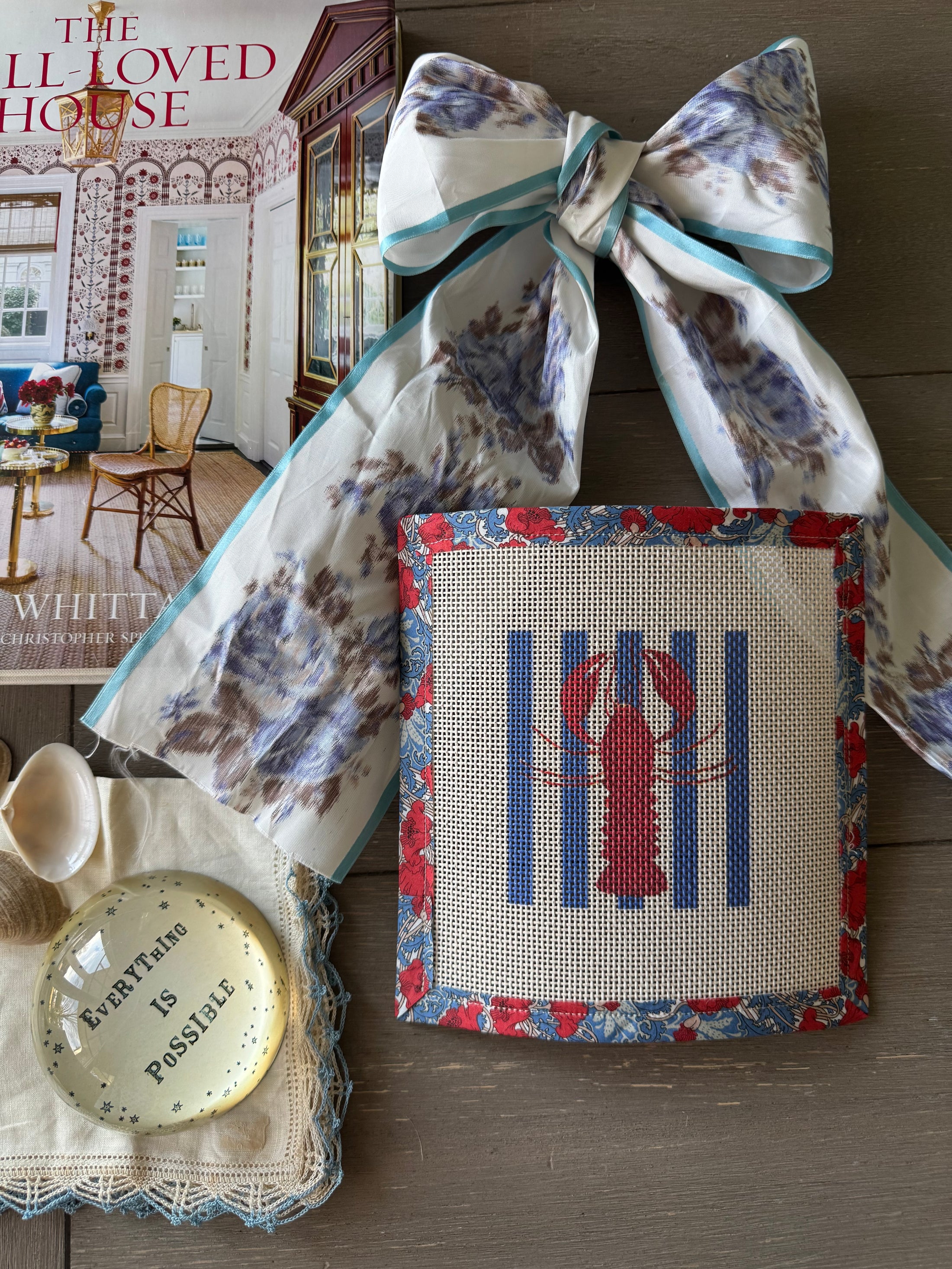Needlepoint Canvas on 13 Lobster Striped East Coast Zweigart Mono Deluxe Mesh Embroidery with finished Liberty of London fabric on the edges