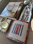 Load image into Gallery viewer, Needlepoint Canvas on 13 Lobster Striped East Coast Zweigart Mono Deluxe Mesh Embroidery with finished Liberty of London fabric on the edges
