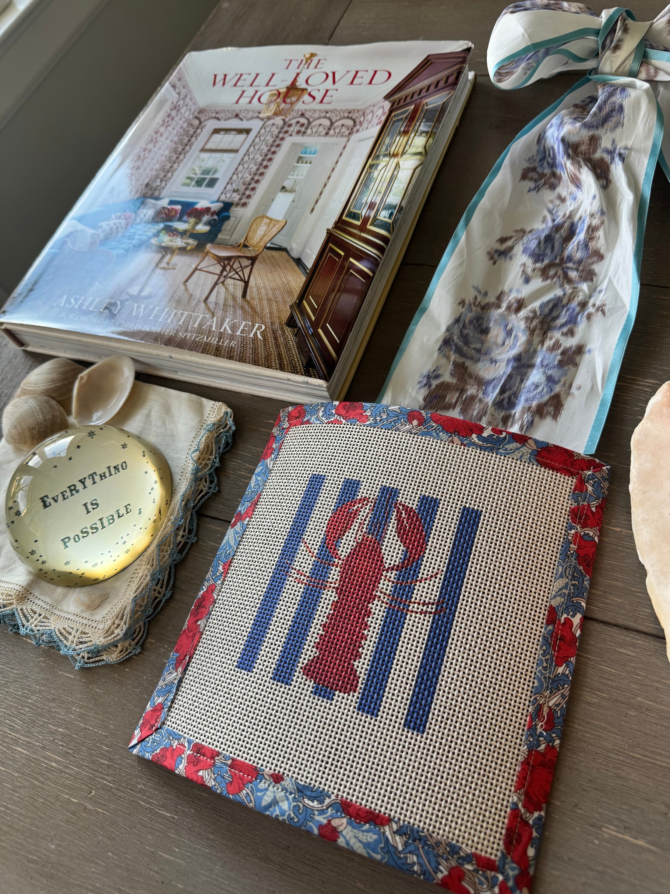 Needlepoint Canvas on 13 Lobster Striped East Coast Zweigart Mono Deluxe Mesh Embroidery with finished Liberty of London fabric on the edges