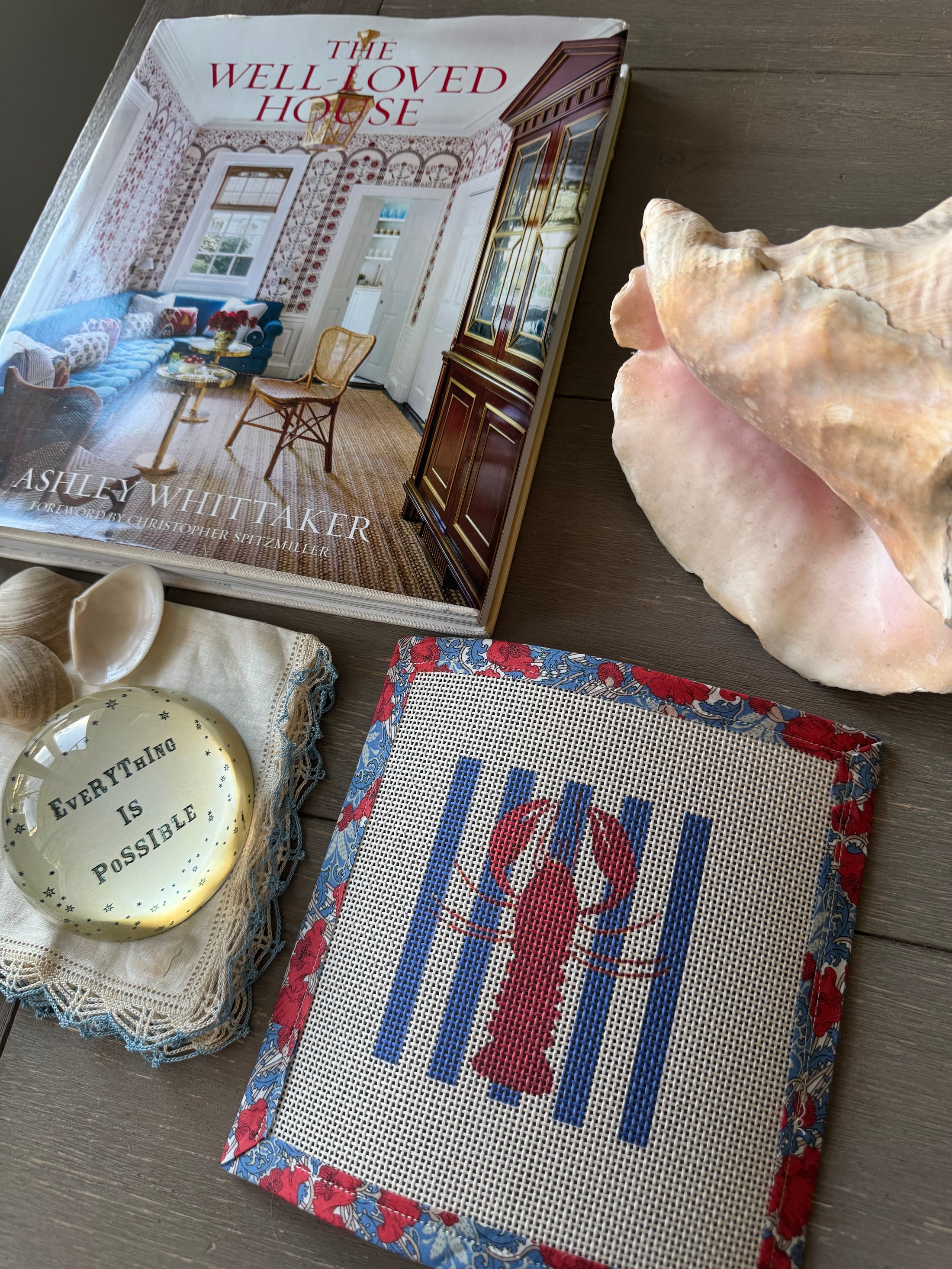 Needlepoint Canvas on 13 Lobster Striped East Coast Zweigart Mono Deluxe Mesh Embroidery with finished Liberty of London fabric on the edges