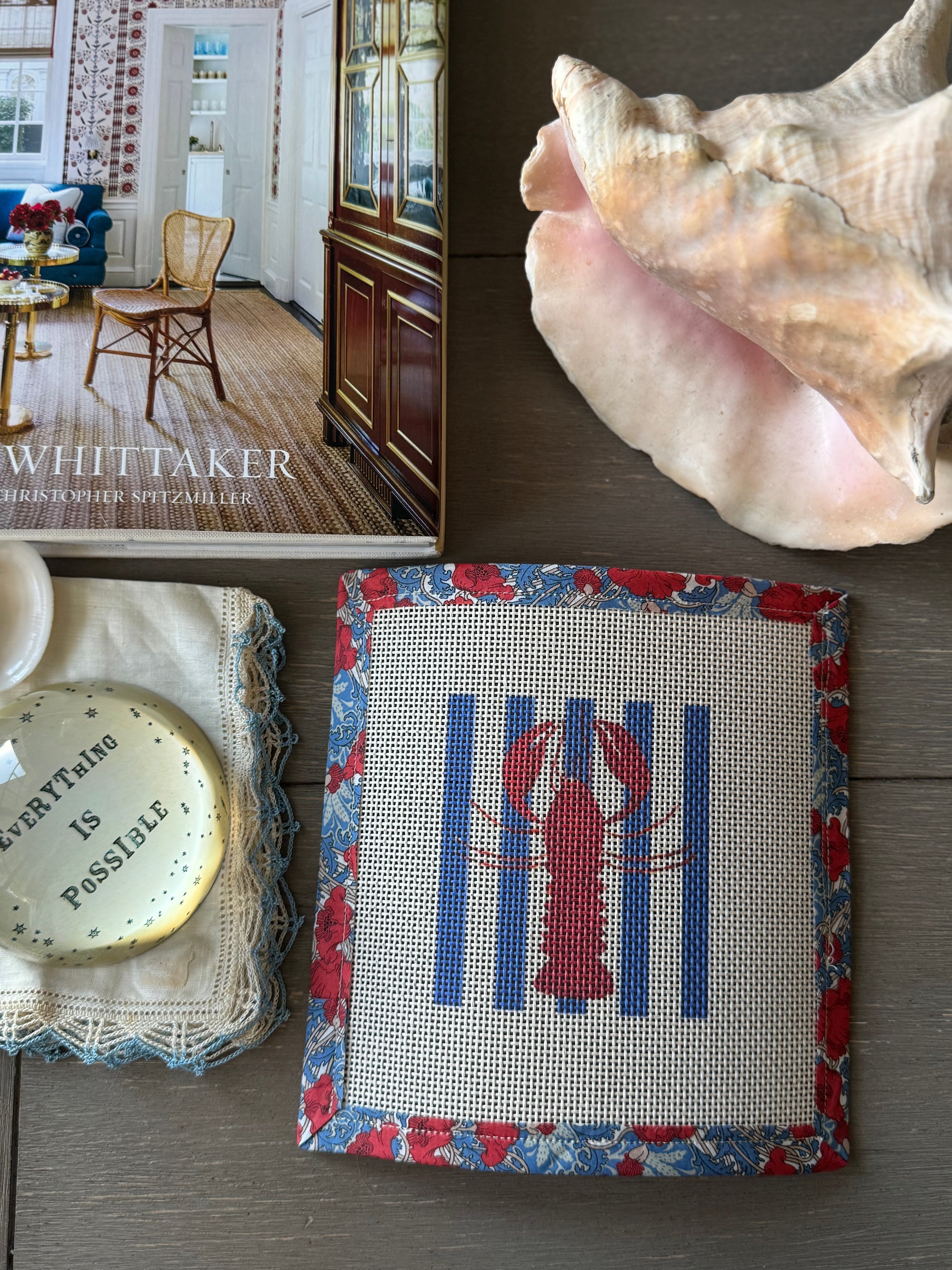 Needlepoint Canvas on 13 Lobster Striped East Coast Zweigart Mono Deluxe Mesh Embroidery with finished Liberty of London fabric on the edges