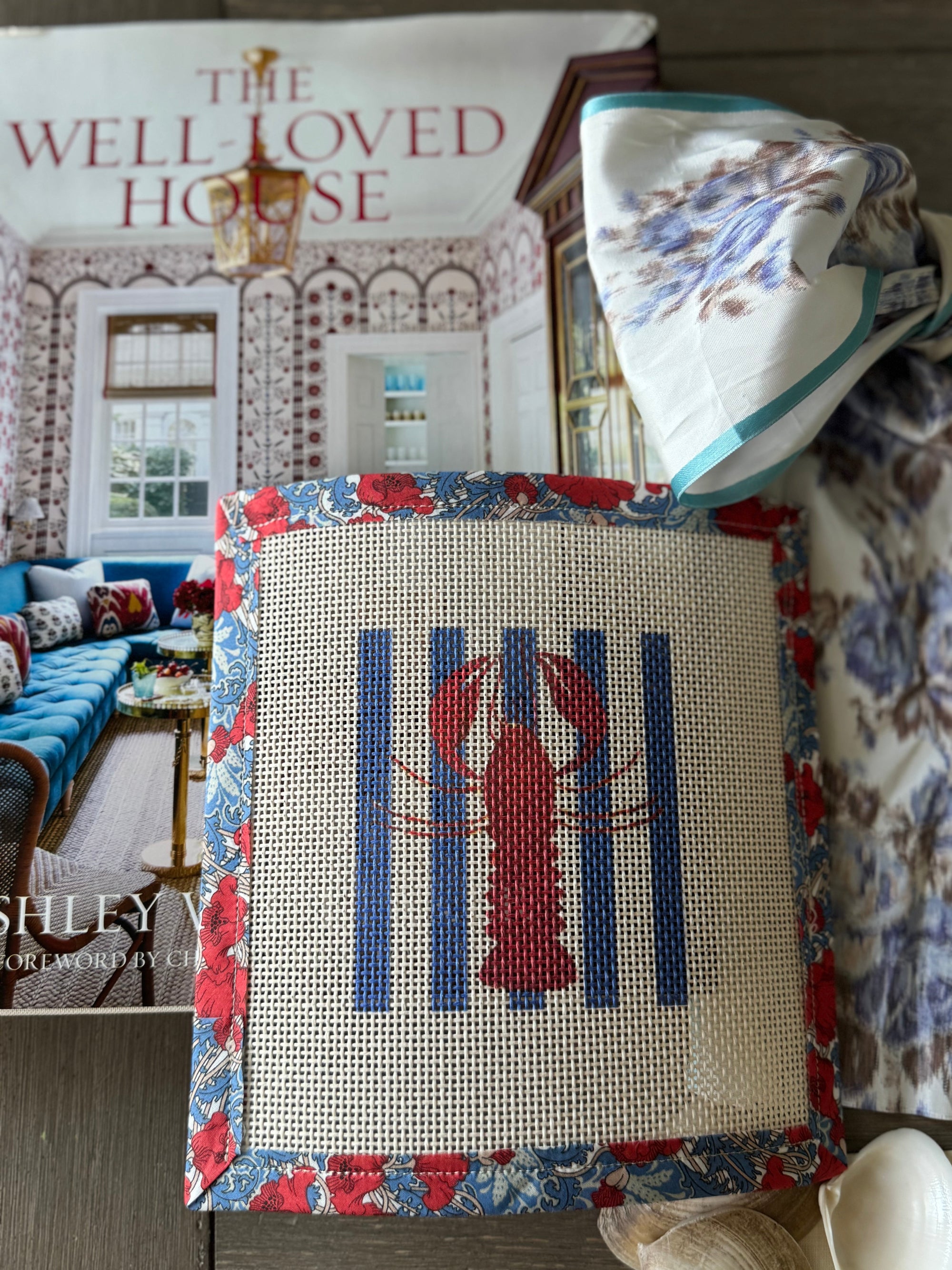 Needlepoint Canvas on 13 Lobster Striped East Coast Zweigart Mono Deluxe Mesh Embroidery with finished Liberty of London fabric on the edges