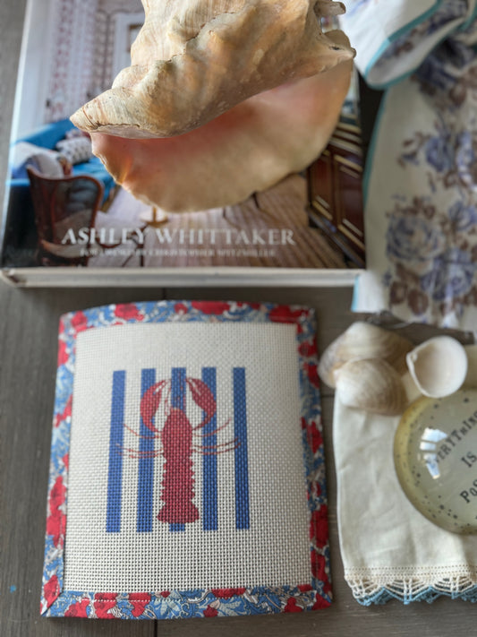 Needlepoint Canvas on 13 Lobster Striped East Coast Zweigart Mono Deluxe Mesh Embroidery with finished Liberty of London fabric on the edges