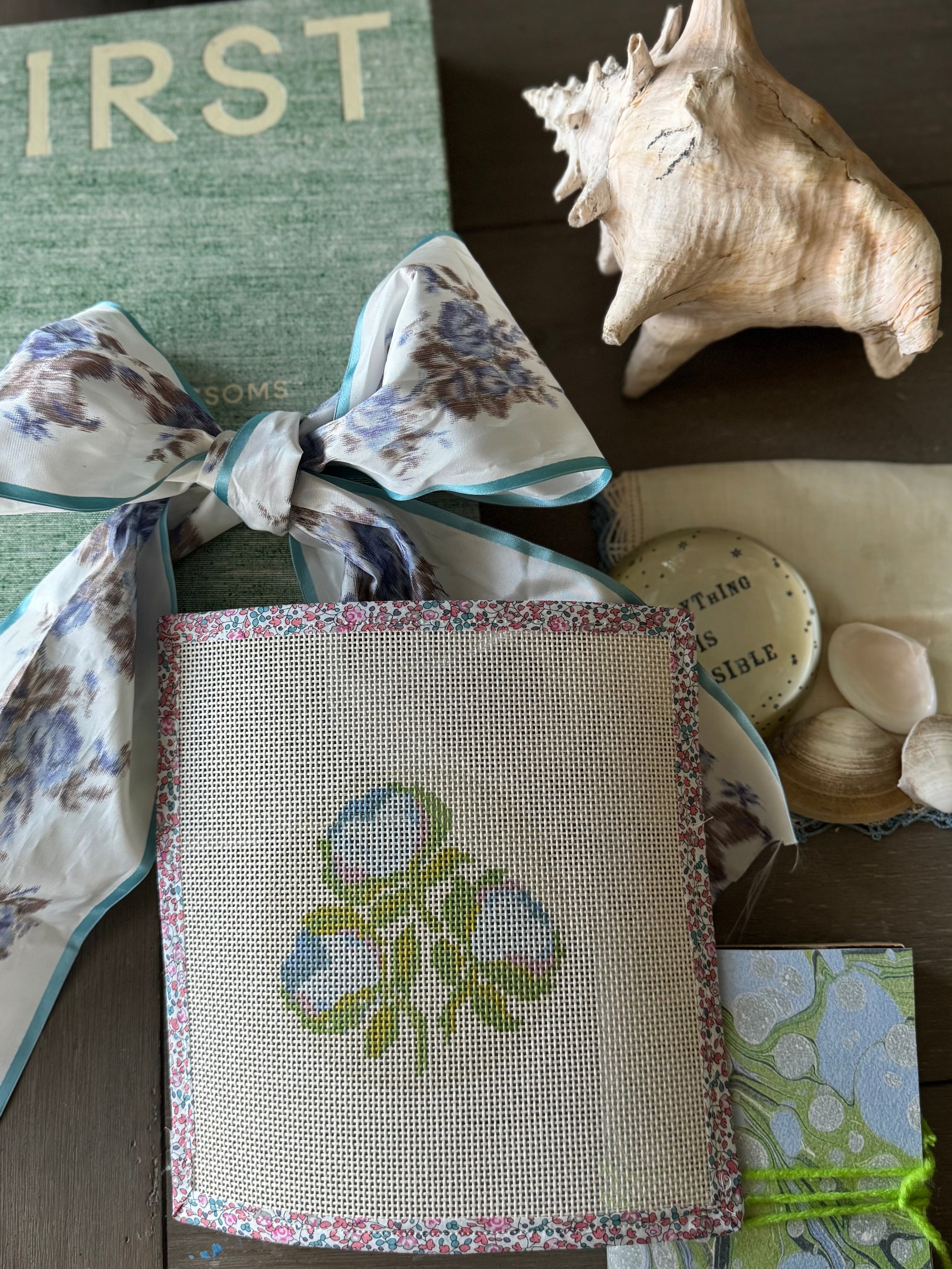 Needlepoint Canvas on 13 Roses Zweigart Mono Deluxe Mesh Embroidery with finished Liberty of London fabric on the edges