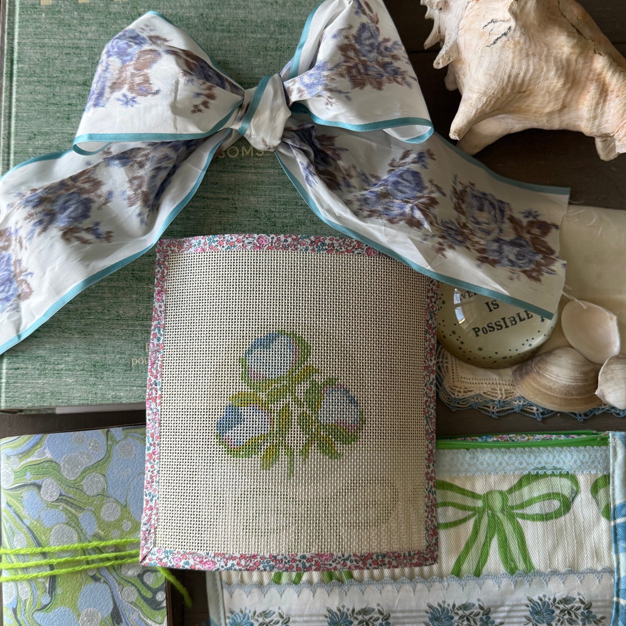 Needlepoint Canvas on 13 Roses Zweigart Mono Deluxe Mesh Embroidery with finished Liberty of London fabric on the edges