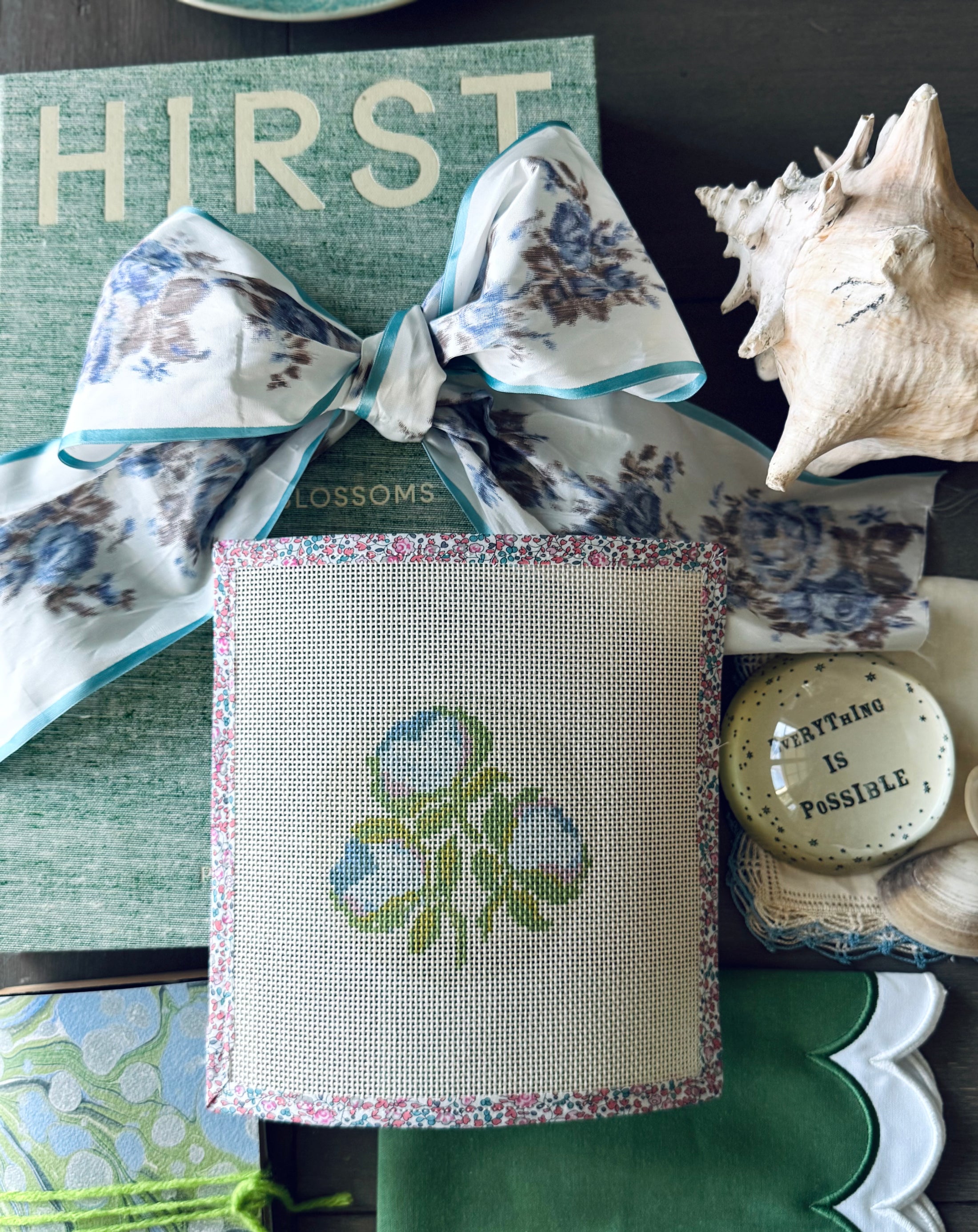 Needlepoint Canvas on 13 Roses Zweigart Mono Deluxe Mesh Embroidery with finished Liberty of London fabric on the edges