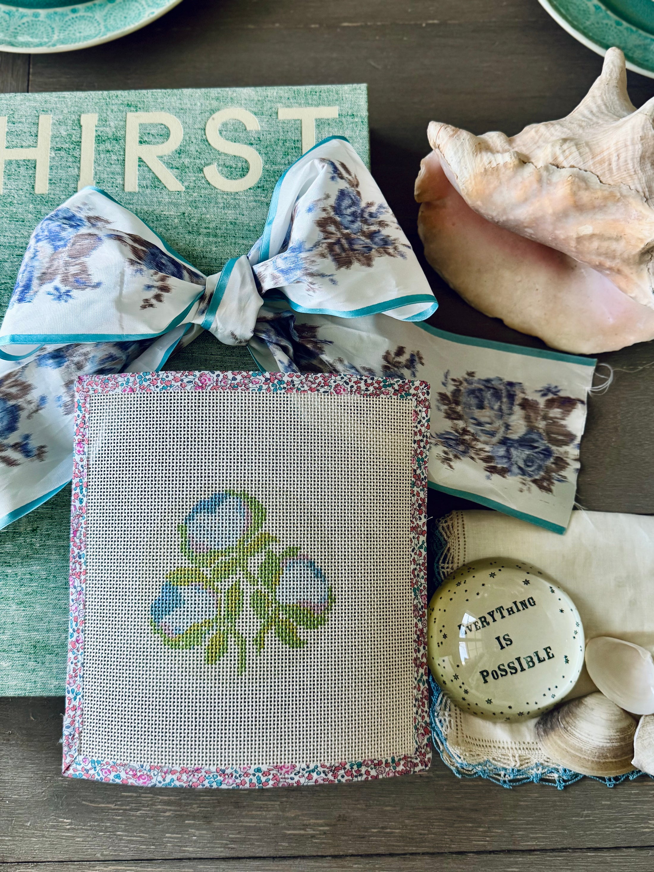 Needlepoint Canvas on 13 Roses Zweigart Mono Deluxe Mesh Embroidery with finished Liberty of London fabric on the edges