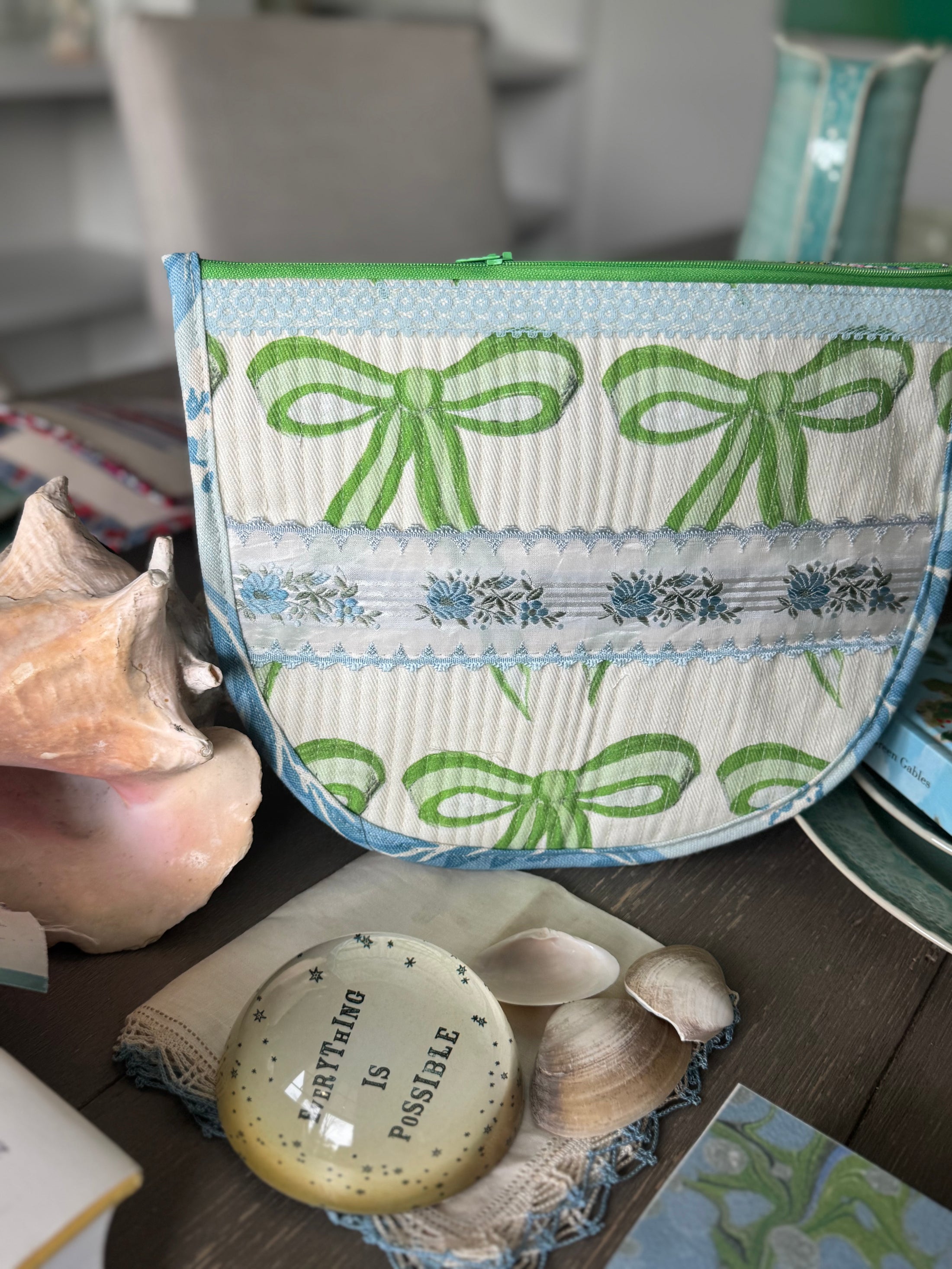 Large Roses with French Ribbon Needlepoint Canvas Thread Pouch Bag