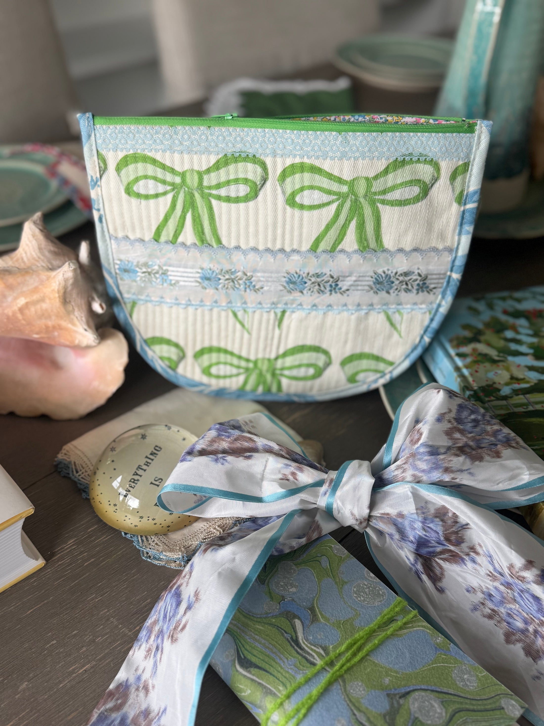 Large Roses with French Ribbon Needlepoint Canvas Thread Pouch Bag